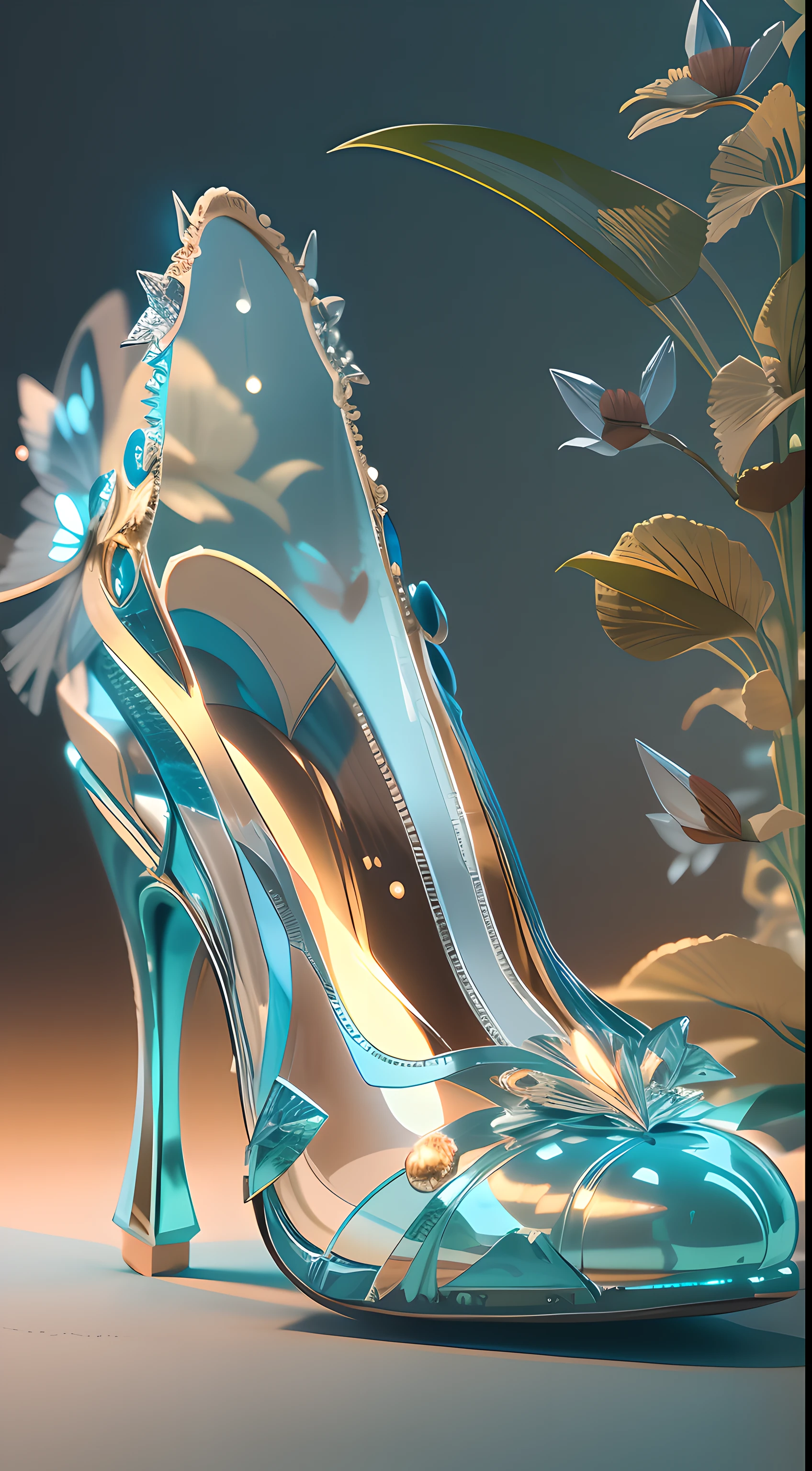 A pair of crystal heels,intricate details,diamond,shiny, fantasy, clean, crystal clear, colorful, Butterfly,Floral fragrance,amazing photography, dramatic lighting, photorealism, Super fine,Super real photos,8k, depth of field, high resolution,Toe of shoe facing camera,screen life,3d,c4d,Octagon rendering,Ultra high quality