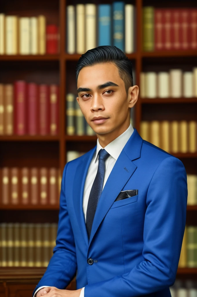 (classy, professional) portrait of a Indonesia lawyer, 25 years old, wearing a sophisticated suit with a perfectly tailored tie. He has a confident and determined expression on his face, showing his expertise and experience in the legal field. The portrait is done in a realistic and photorealistic style to capture every detail of the lawyer's features, including his beautifully detailed eyes, well-defined eyebrows, and clean-shaven face. The lighting is soft and dramatic, highlighting the lawyer's sharp and intelligent gaze. The background is a modern law firm office with shelves filled with law books, adding to the professional atmosphere. The colors are rich and warm, with a touch of blue tones to evoke a sense of trust and authority. The overall quality of the image is of the highest resolution, with ultra-fine painting details and vivid colors to create a stunning masterpiece.