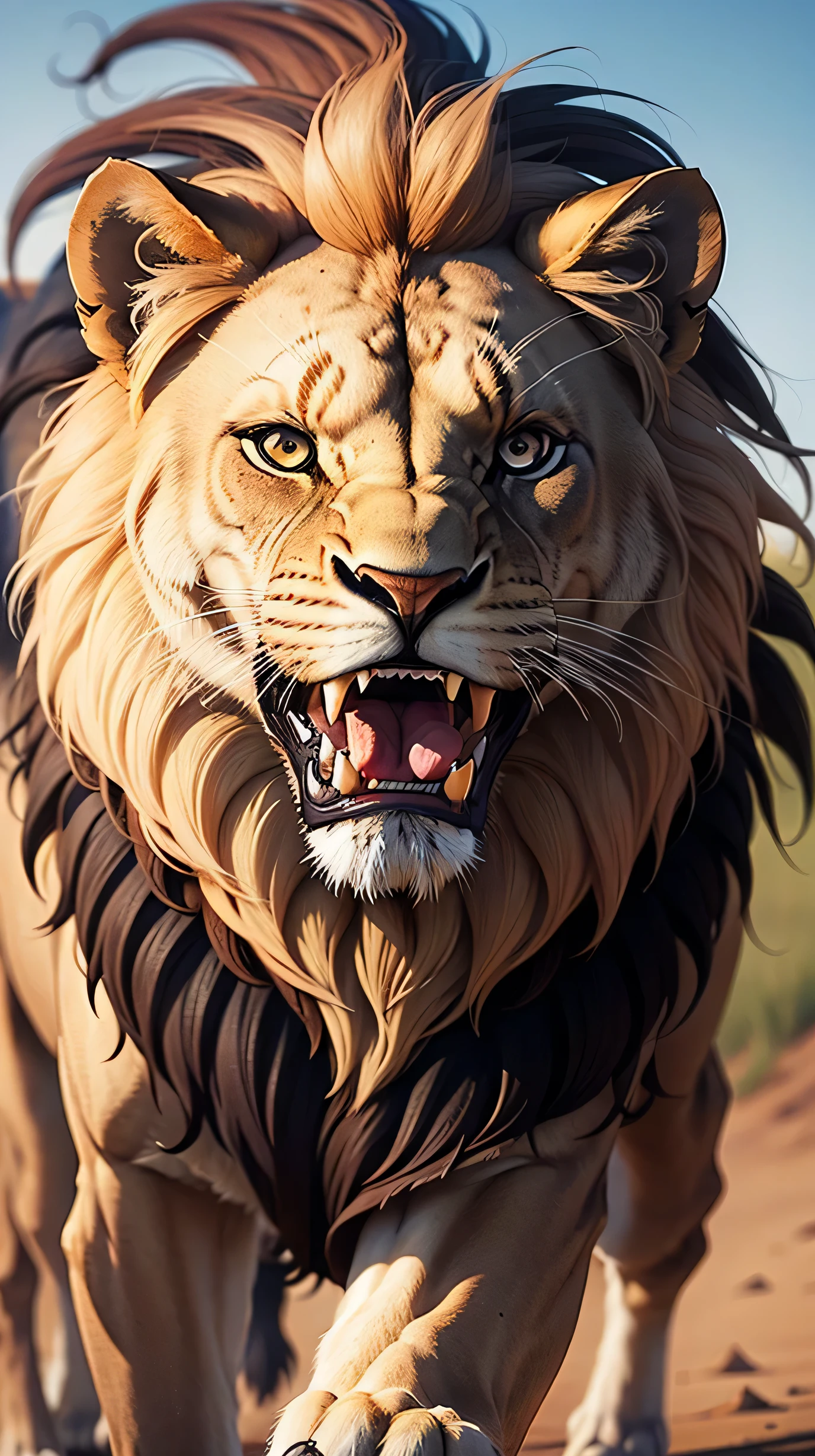 a lion facing forward and with an open mouth