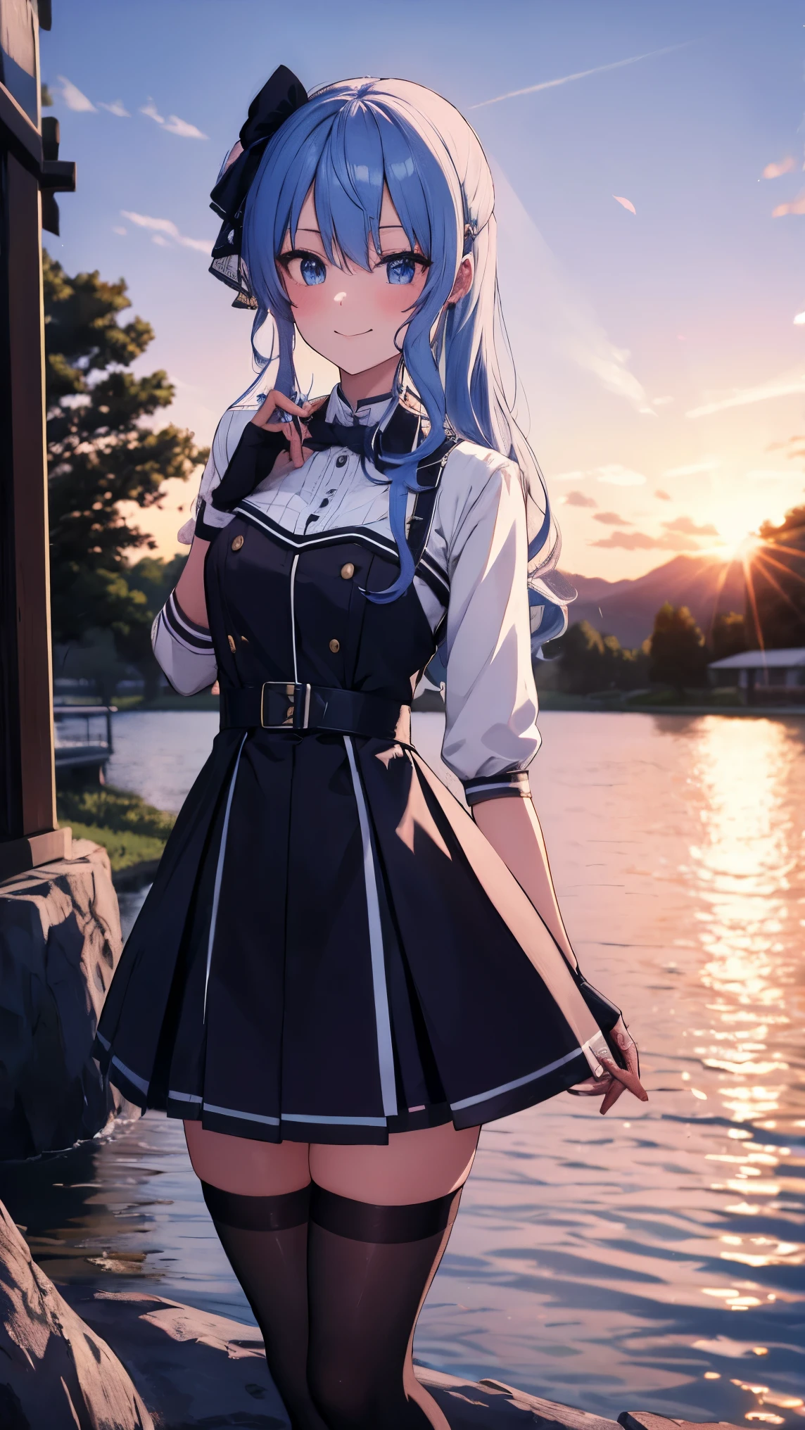 Hololive_hoshimachi suisei_fantasy_black stockings_shortcut_Idol_raw stone star_star star_a handsome guy_delivery_Virtual YouTuber_smile_date_Cafe_move_thank you_bless_thank you_posing_uniform_high school girl_student_beautiful feet_glossy_highest quality_masterpiece_medium hair_髪型はshortcut_beautiful_lake畔_lake_Nature_sexy_Fengjun_Bewitching_Enchanting_evening_sunset