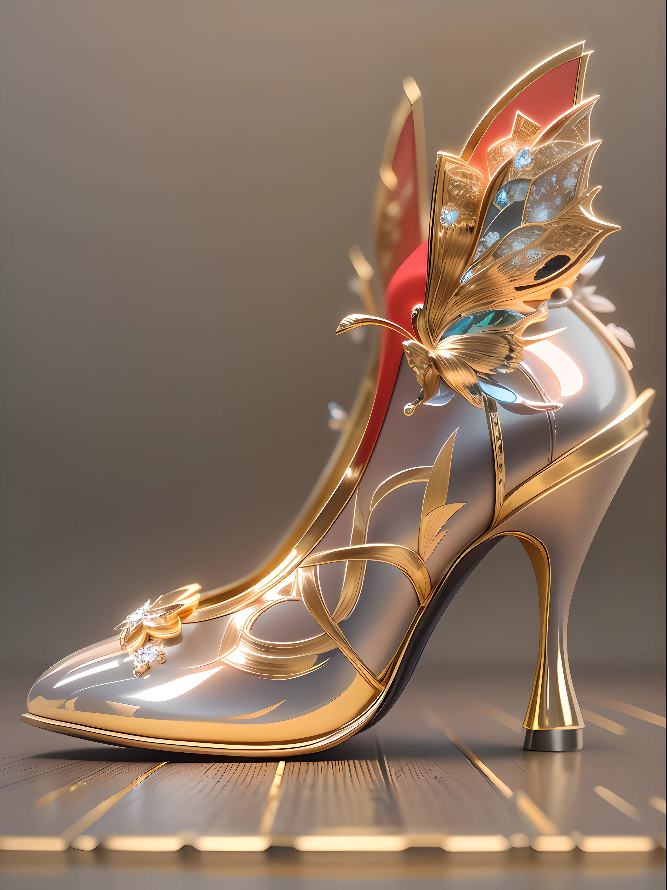 A pair of crystal high heels exudes(((Red and gold particle effect:1.3))),intricate details,diamond,shiny, fantasy, Elegant,streamline,layered,(((Do not twist、deformation:1.3))), colorful, Butterfly,Floral fragrance,amazing photography, dramatic lighting, photorealism, Super fine,Super real photos,8k, depth of field, high resolution,Toe of shoe facing camera,(The overall silhouette is centered on the center:1.3),3d,c4d,Octagon rendering,Ultra high quality