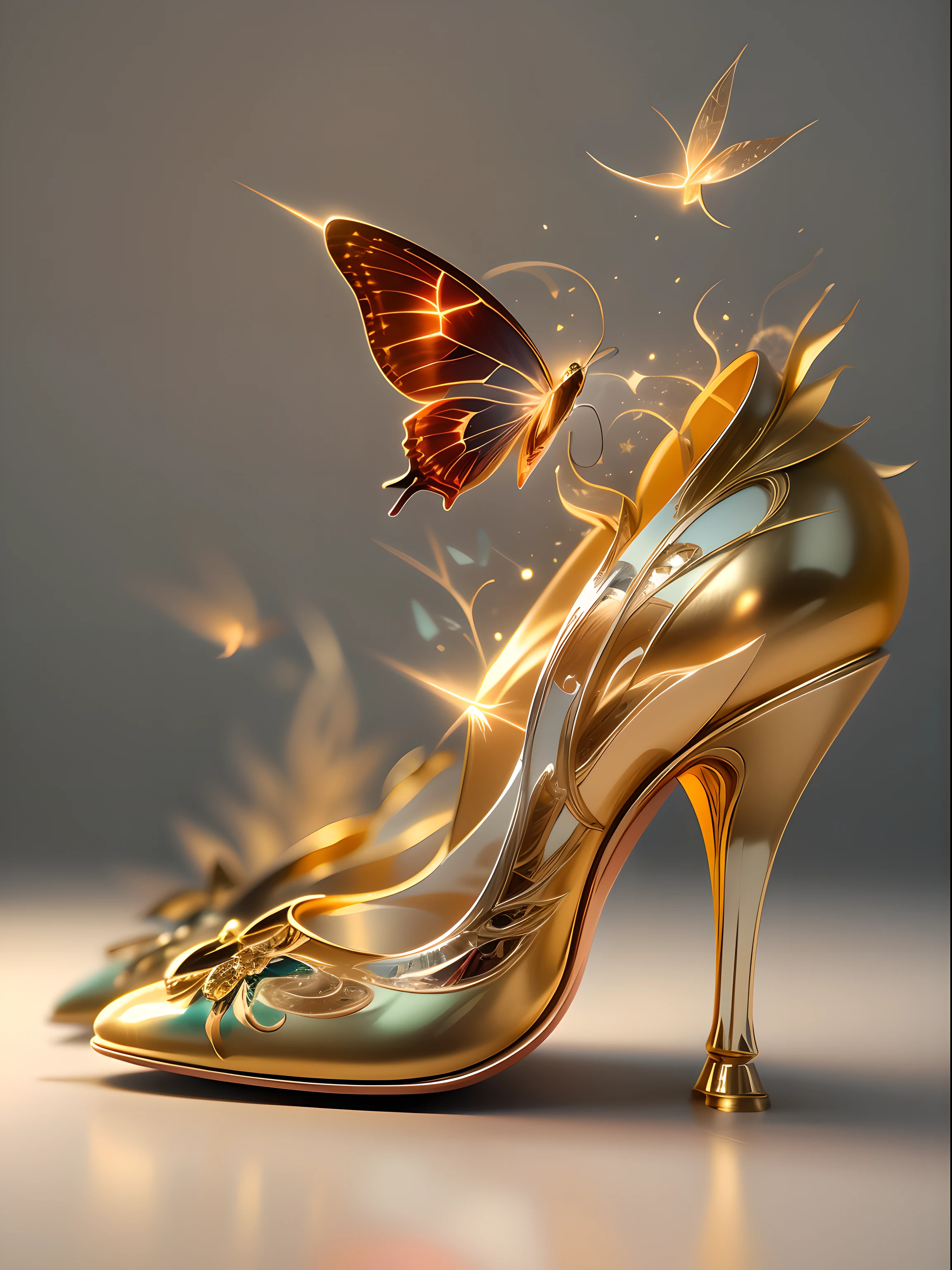 A pair of crystal high heels exudes(((Red and gold particle effect:1.3))),intricate details,diamond,shiny, fantasy, Elegant,streamline,layered,(((Do not twist、deformation:1.3))), colorful, Butterfly,Floral fragrance,amazing photography, dramatic lighting, photorealism, Super fine,Super real photos,8k, depth of field, high resolution,Toe of shoe facing camera,(The overall silhouette is centered on the center:1.3),3d,c4d,Octagon rendering,Ultra high quality