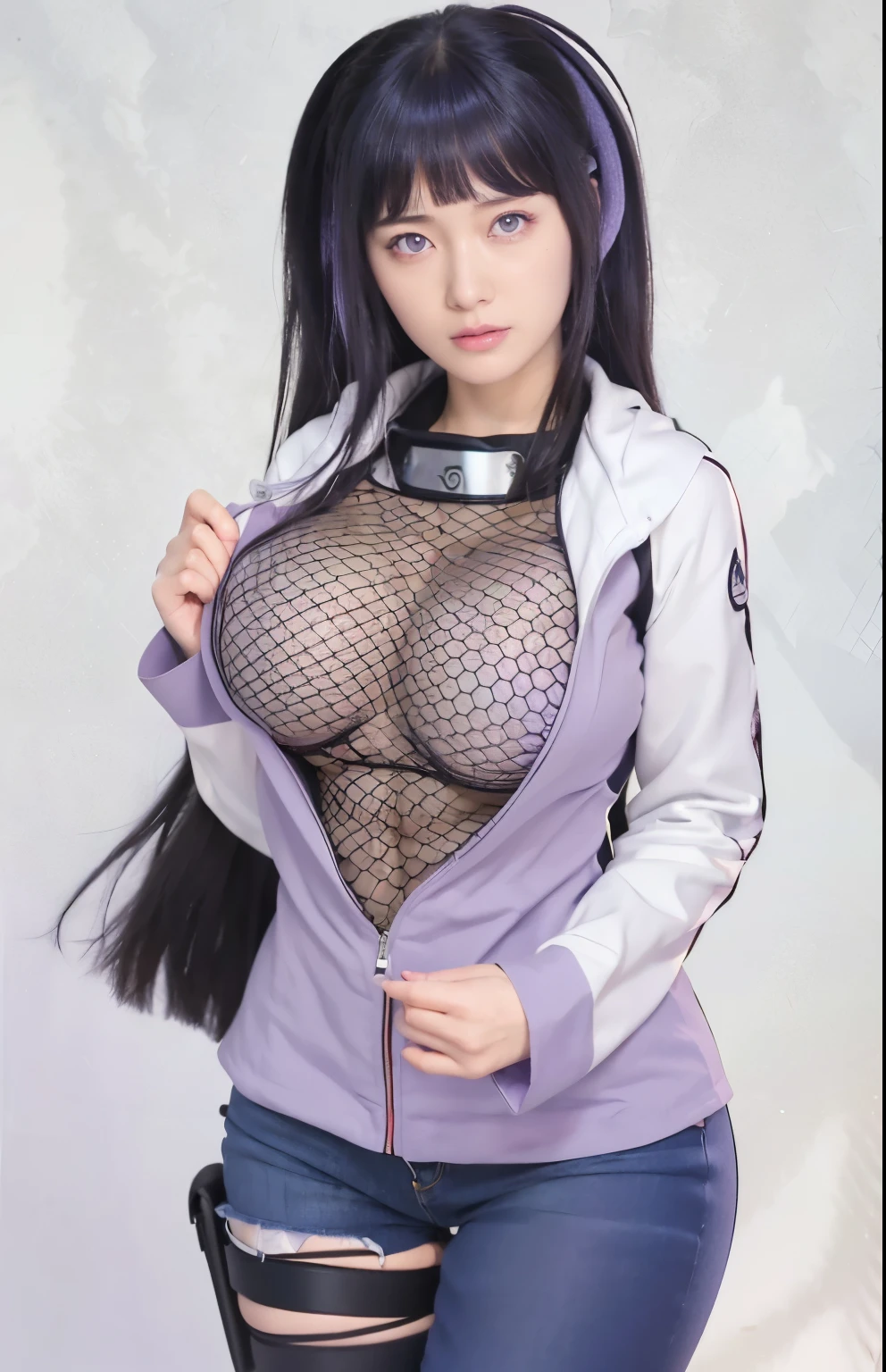 Extremely realistic, Ultra detailed, ((Make a this realistic)), Focus, ((8K, Raw, Photography realistic:1.25)), epic skin, solo, Japanese cute and beautiful girl aged 18 years, ((hinata (naruto shippuden)), perfect face, ((Hyper realistic face)), ultra detailed face, beautiful face, hyper realistic eye, purple eye, lips, very long hair, hair to hips, hyper realistic hair, ((full purple hair)), bangs, ultra detailed hair, beautiful hair, a girl with big breast showing off her big breasts, hinata hyuga, hinata hyuga from naruto, clothes costum cosplay, hyper realistic clothes, ultra detailed body, hyper realistic body, hyper realistic skin, ultra detailed breast, perfect makeup, hyper realistic style, with a large breasts, ((show breast)), ((nipple exposed)), ((breast exposed)), realistic jeans shirt, Black neck, naruto ecci plate, ecci human style, transparent revealing clothes, ecci, realistic jacket, purple and white jacket, seductive girl, from naruto, white cloth bandage on the thigh, black thigh belt, with large breasts, inspired by Munakata Shikō, in human style, hyper realistic shadow, hyper realistic lighting, background change, Hyper realistic background, hyper realistic for all, ultra detail for all, Ultra clean photo All very detailed