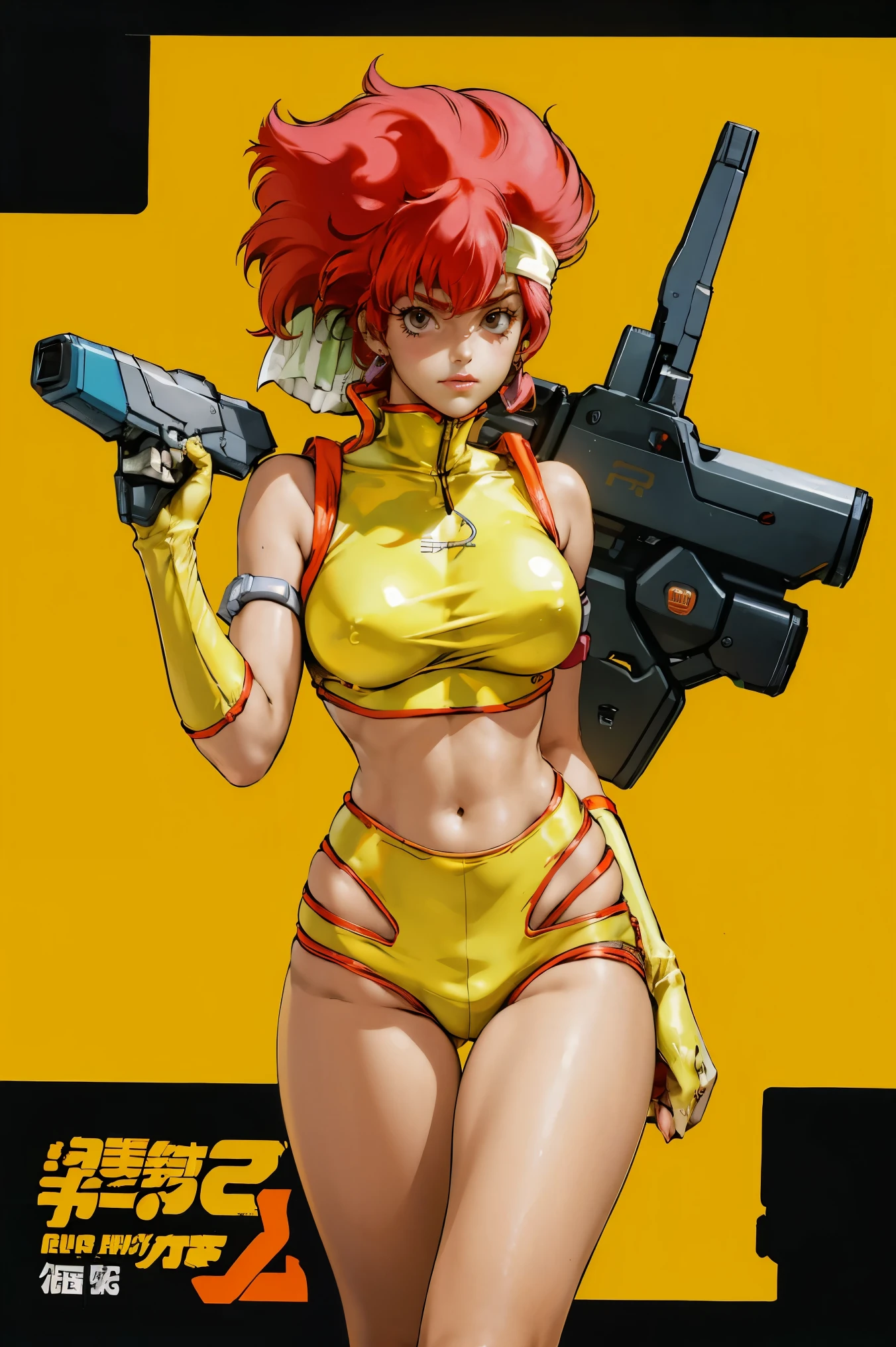 Kei from The Dirty Pair, , wearing a tight yellow outfit, frame, legs, medium breast, red hair beauty, cyberpunk city background, holding retro space-gun, headband, slim waist, slim thighs, thigh gap