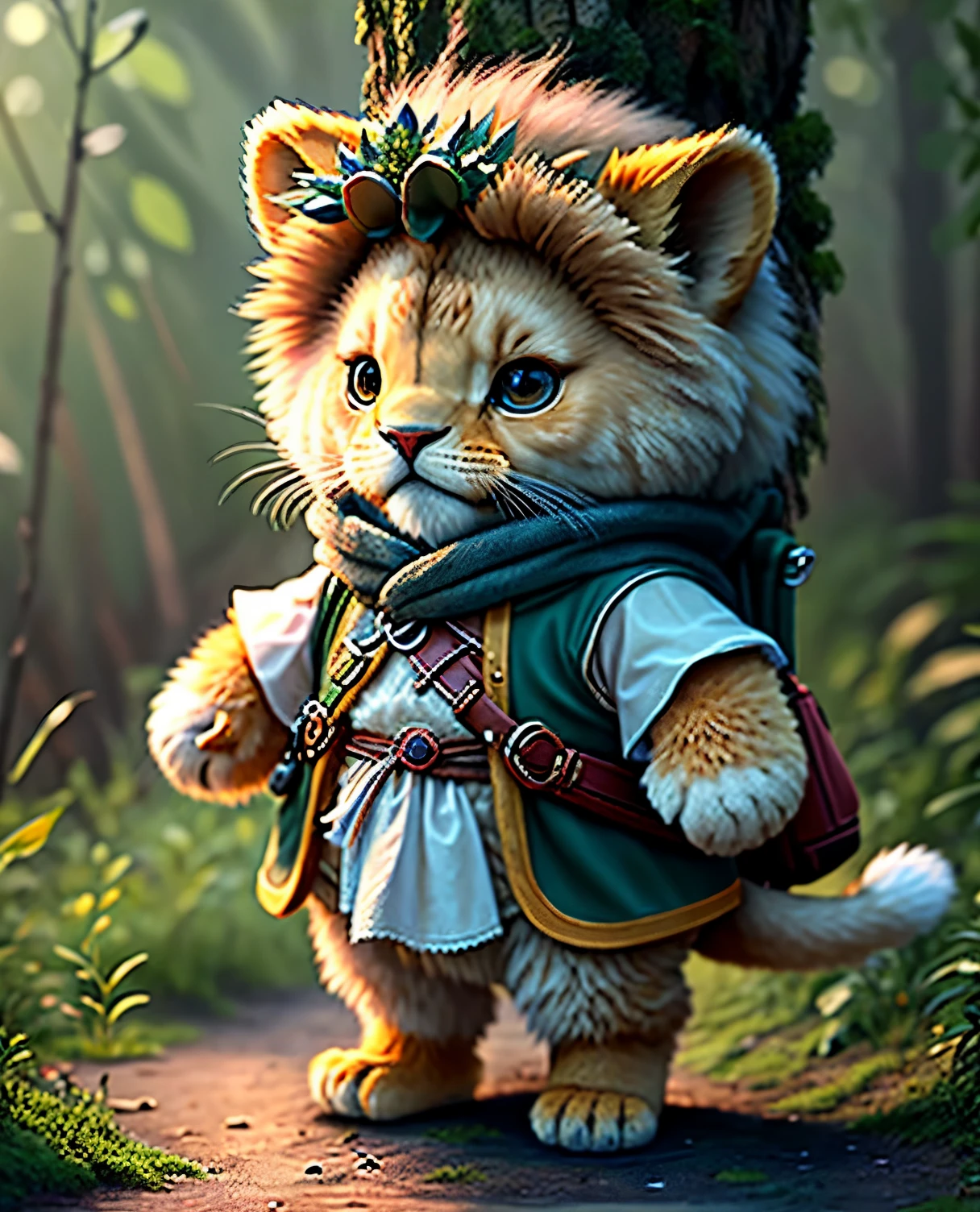 best image quality、"cute生き物たちの傑作を作成しましょう. One、lion、（The place is a forest）, high detail, In 8K、best image quality、dressed as an adventurer、With shuriken in hand、medieval adventurer costume、(((cute)))、