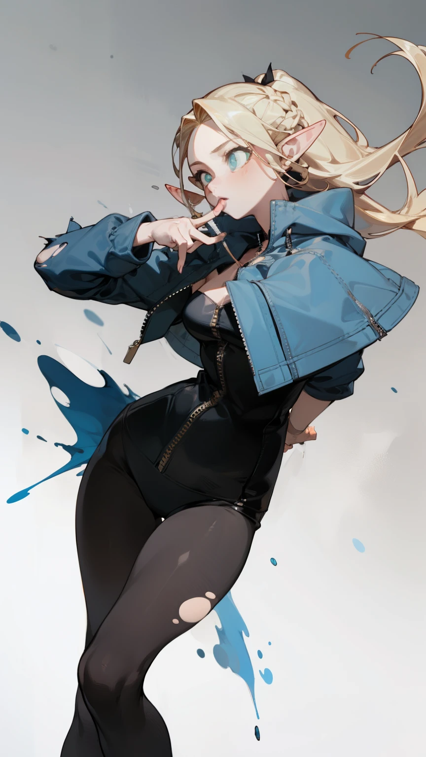 (masterpiece, best quality) detailed, Wearing black tights, silver accessories , zipper unzipped , blonde ,elegant, pointed ears,torn clothes,Pierced clothes,