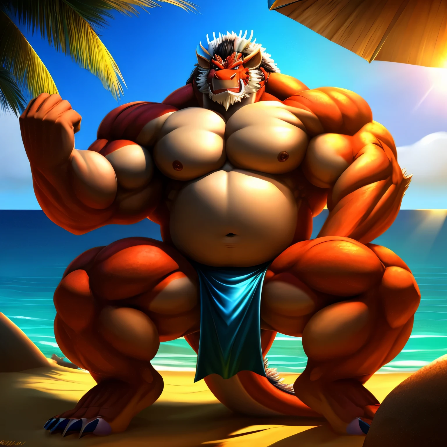  kaido,  eastern dragon king, male dragon, eastern dragon, very big muscles, hulking,  extremely strong, big abdominal muscles, hefty musclegut, pecs, muscular dad body,  Strong and robust musclegut , strong abs, sharp  claws, dragon feet claw, full body, loincloth, one piece, HDR,  nipples, sunlight, daylight, outdoor, bright , sunshine, at noon, fighting pose, good weather,  on sea beach