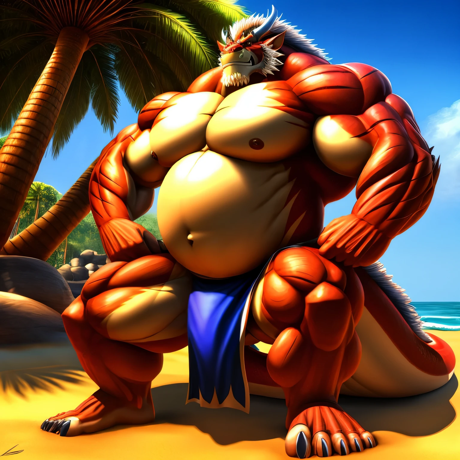  kaido,  eastern dragon king, male dragon, eastern dragon, very big muscles, hulking,  extremely strong, big abdominal muscles, hefty musclegut, pecs, muscular dad body,  Strong and robust musclegut , strong abs, sharp  claws, dragon feet claw, full body, loincloth, one piece, HDR,  nipples, sunlight, daylight, outdoor, bright , sunshine, at noon, fighting pose, good weather,  on sea beach