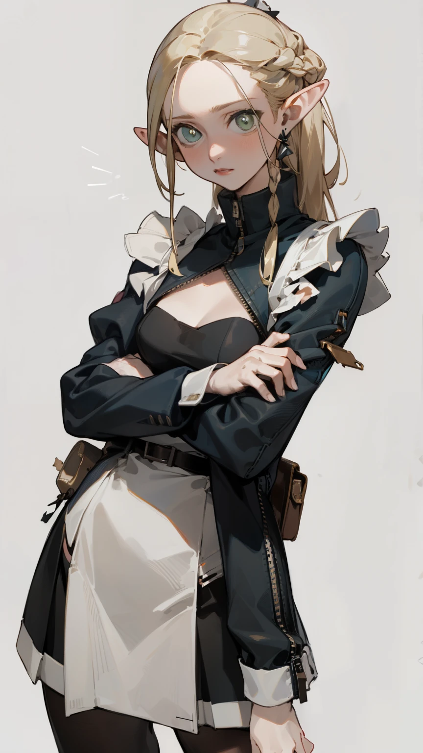(masterpiece, best quality) detailed, Wearing black tights, silver accessories , zipper unzipped , blonde ,elegant, pointed ears，torn clothes，Pierced clothes，maid
