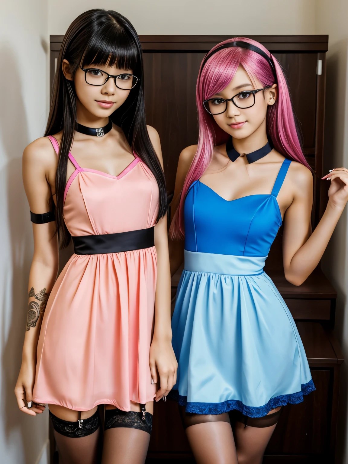 two 18 year old tween girls trying on cute clothes, two close friends, full body showing legs wearing high heels, colored hair, kawai cosplay girls, strapped colored dresses with cutouts, detailed dress with slits and straps, collar, skinny body, beautiful face, perfect faces like young asian models, innocent expression, enticing, garter with stockings, good lighting, cute glasses, back straps, bright playful, thin model, cute young teen girls, tattoos