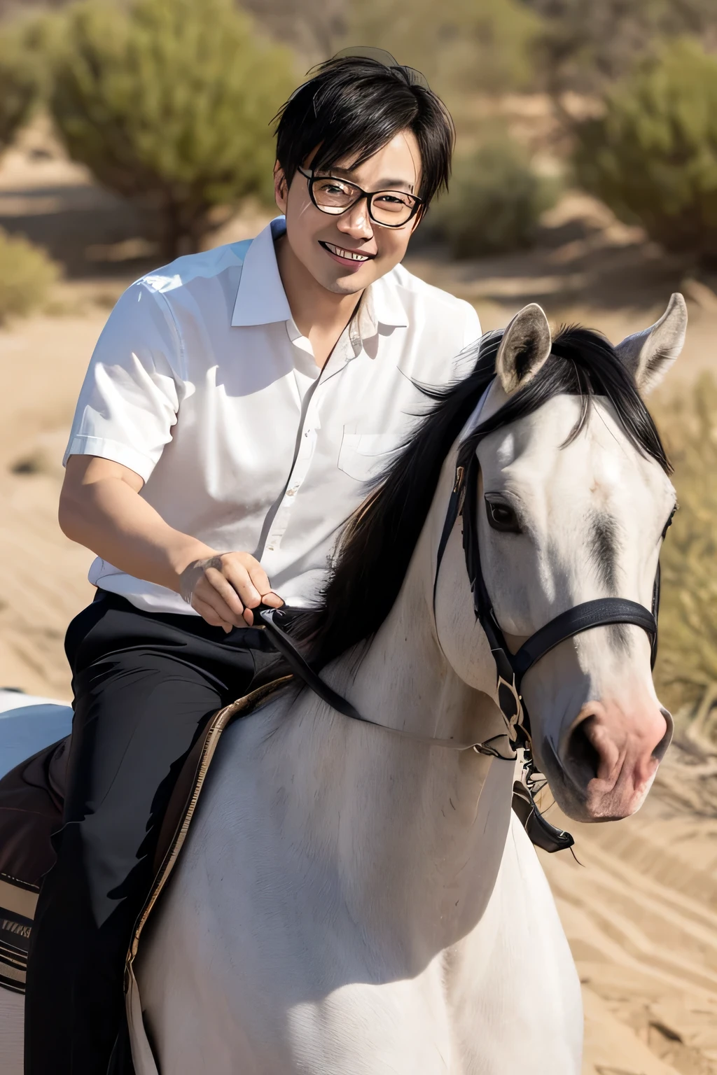 Male 38 years old Chinese male，Wear rimless glasses，black clothes，brunette skin，Smile，double eyelids，Horse riding in the desert