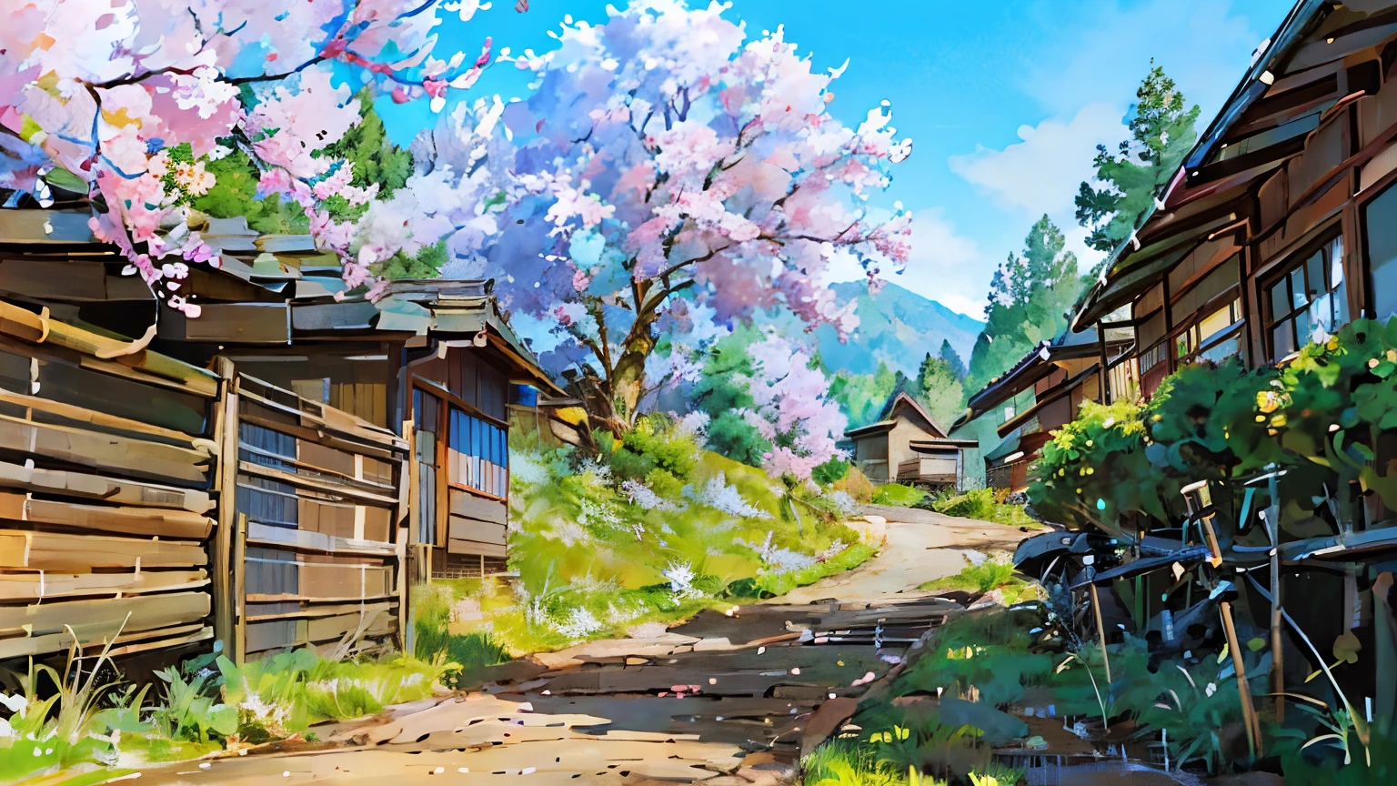 Landscape, anime, Traditional Japanese house with surrounding nature, Digital art, Rural area with a house, cherry blossoms, a stream, mountains, and a clear sky, Anime-style illustration, High resolution, Wide shot, House centered, cherry blossom tree on the left, Eye level, Wide, Front view, Everything in focus, Natural lighting, Textured patterns on the house and grass, smooth flow of the stream, Timeless, Bright, vivid colors, High saturation, High luminance, Clear weather, Spring, Daytime, Serenity in rural Japan, Digital painting, Hayao Miyazaki-inspired scenery,