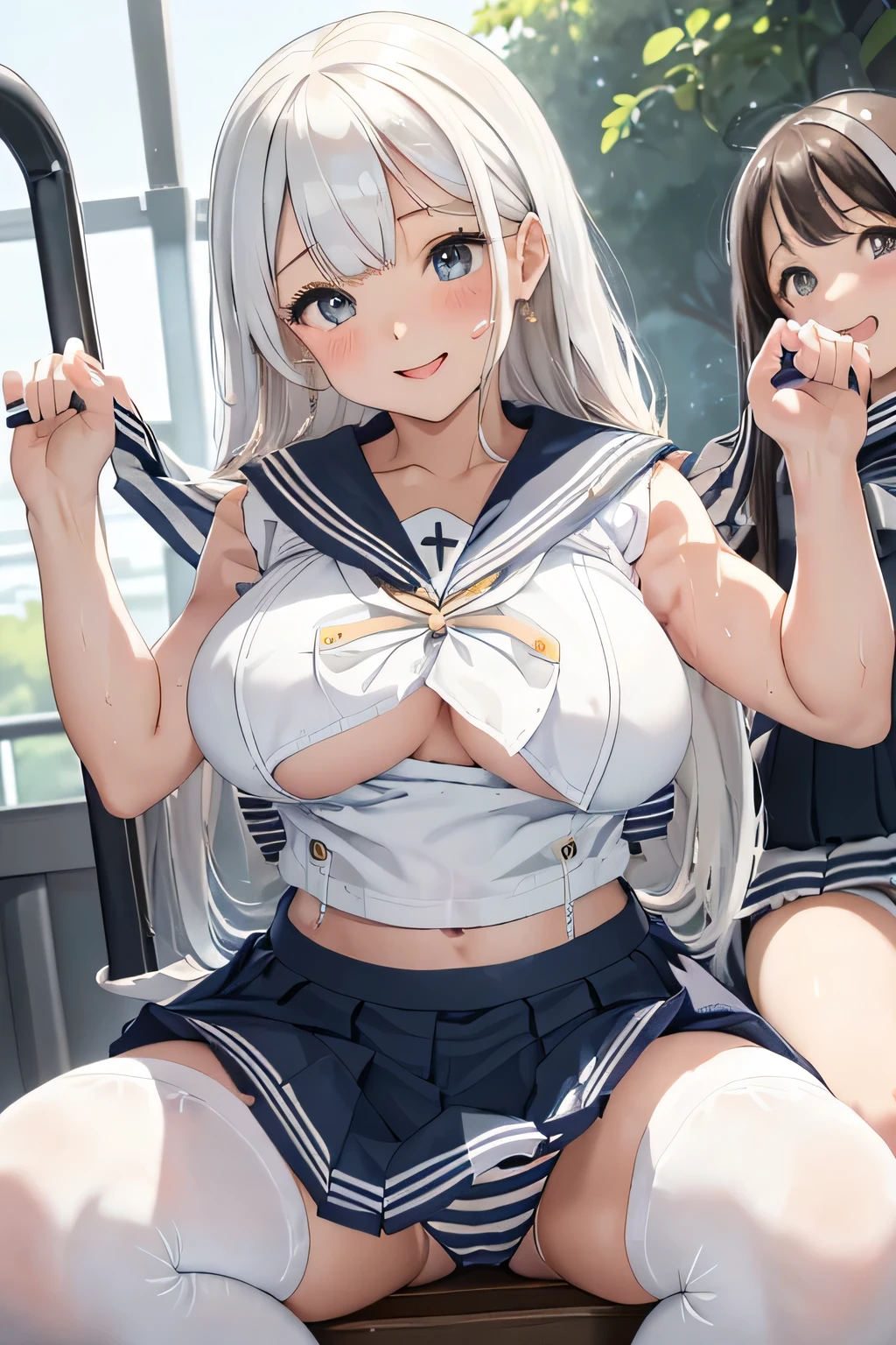 highest quality、High resolution、detailed background、beautiful and detailed face、
10歳のcute美少女、(three women:1.5)、(huge breasts:1.3)、perfectionなボディライン、perfection, Well-defined body、
(She looks happy as she lifts up her skirt and shows her panties..:1.5)、(that&#39;It&#39;s wet and my clothes are transparent:1.2)、emphasize the chest、emphasize cleavage、underheer white sleeveless sailor shirt:1.5))、sailor color、thin white pleated mini skirt、white knee high socks、white overknee socks、Floral embroidered panties、No bra、cute編み込みポニーテール、
sexual expression、panty shot、cute、camel toe