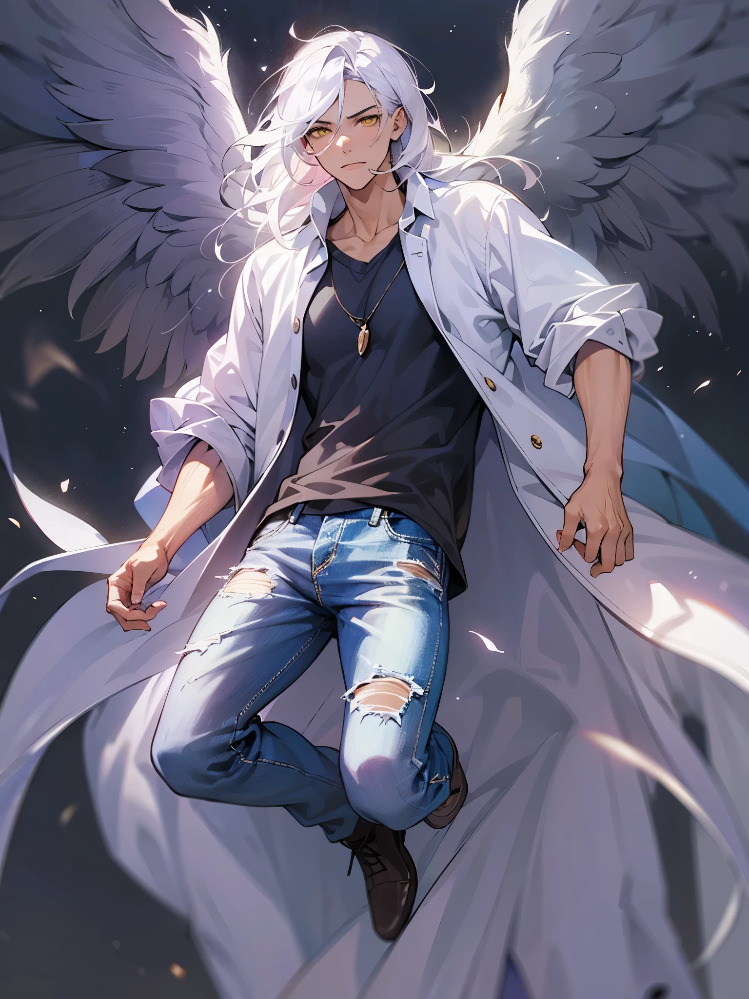 1male, Young Adult, Yellow Eyes, White Hair, Purple Highlighted Hair, Long Flowing Hair, Jeans, T-Shirt, Masculine, Beautiful Lighting, Radiant, Angel Wings, Flying