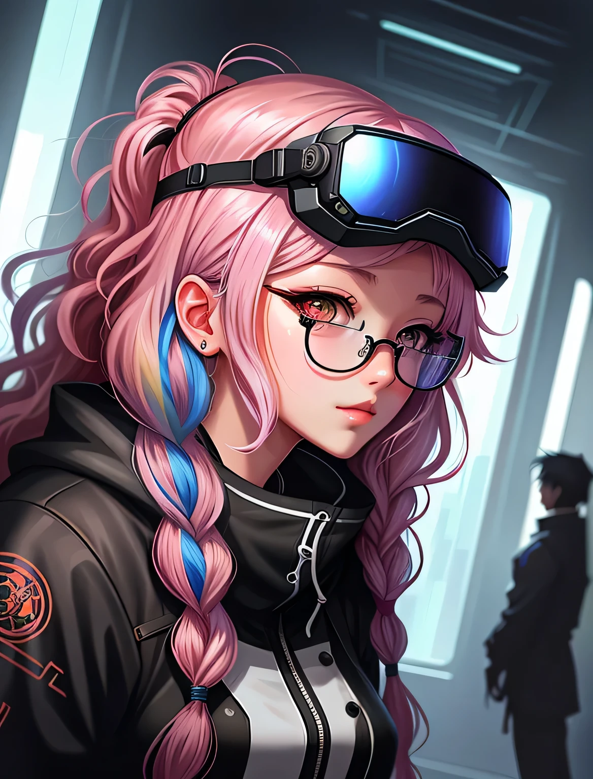 anime girl with curly long light rainbow hair,no front bang have thick dual braids with cyberpunk cloth and high tech goggle and vr, detailed digital anime art, anime art wallpaper 4 k, anime art wallpaper 4k, anime style 4 k, digital anime illustration, beautiful anime portrait, digital anime art, anime art wallpaper 8 k, anime styled digital art, artwork in the style of guweiz, beautiful anime art style