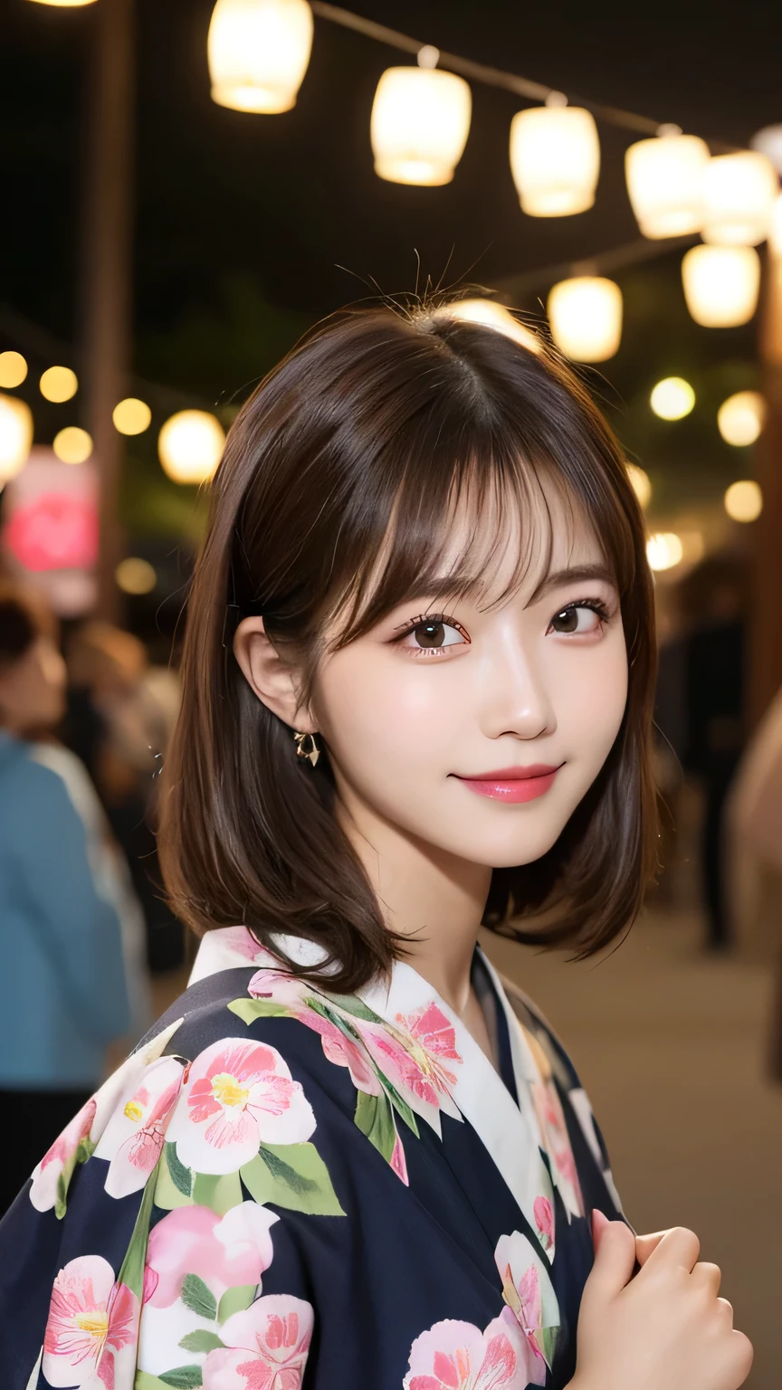 table top, highest quality, shape, Super detailed, finely, High resolution, 16k, perfect dynamic composition, straight hair, medium hair, brown hair,natural color lip, smile, 20歳のgirl、cute、beautiful、完璧でbeautiful顔, beautiful and detailed face, slim face and body, Elegant face, KPOP idol face、Japanese idol faces、small face、Big eyes, brown eyes, droopy eyes, 緻密でbeautiful目, girl,yukata, Summer festival, Vibrant festival lights and lanterns, hairpin and flowers, night, front face、Upper body