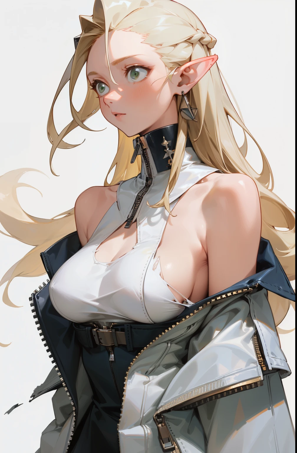 (masterpiece, best quality) detailed, silver accessories , zipper unzipped , blond ,elegant, pointed ears ,torn clothes,maid,Holes in the top,Off the shoulders