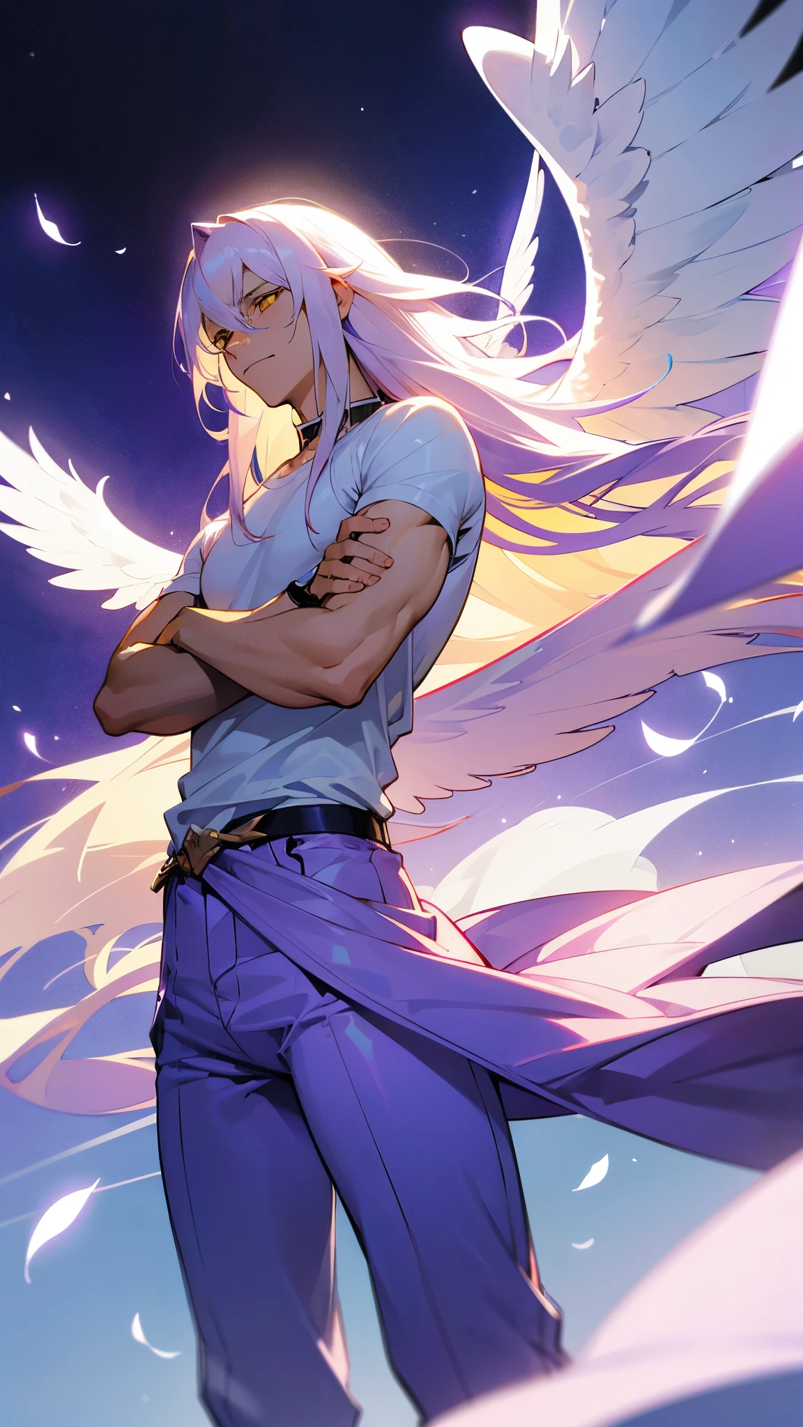 1male, Young Adult, Yellow Eyes, White Hair, Purple Highlighted Hair, Long Flowing Hair, blue pants, white T-Shirt, Masculine, Beautiful Lighting, Radiant, Angel Wings, flying, arms crossed, muscular, standing in middle