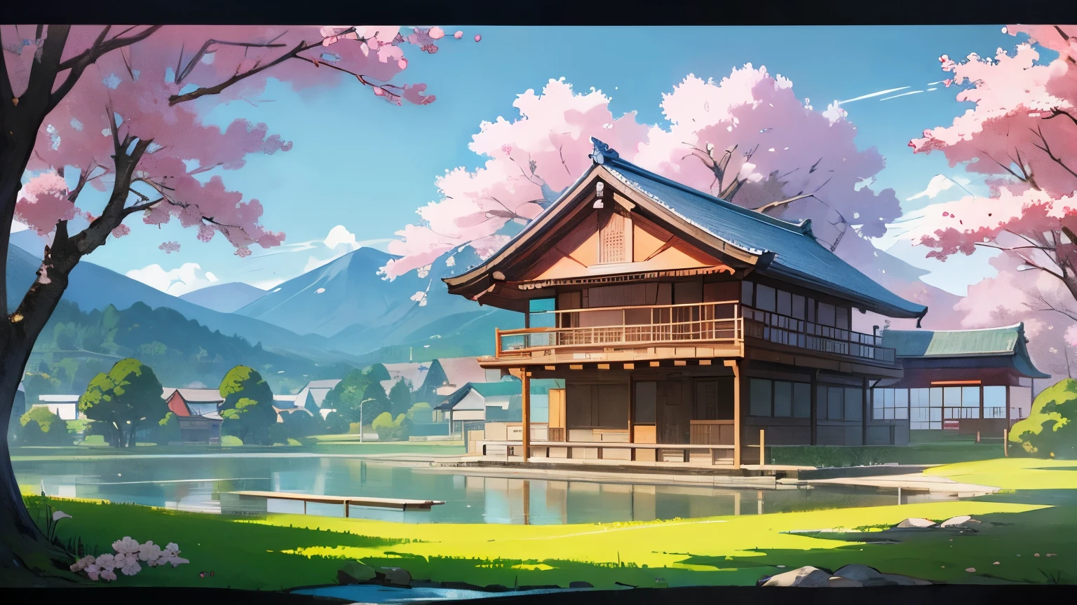 Landscape, anime, Traditional Japanese house with surrounding nature, Digital art, Rural area with a house, cherry blossoms, a stream, mountains, and a clear sky, Anime-style illustration, High resolution, Wide shot, House centered, cherry blossom tree on the left, Eye level, Wide, Front view, Everything in focus, Natural lighting, Textured patterns on the house and grass, smooth flow of the stream, Timeless, Bright, vivid colors, High saturation, High luminance, Clear weather, Spring, Daytime, Serenity in rural Japan, Digital painting, Hayao Miyazaki-inspired scenery,