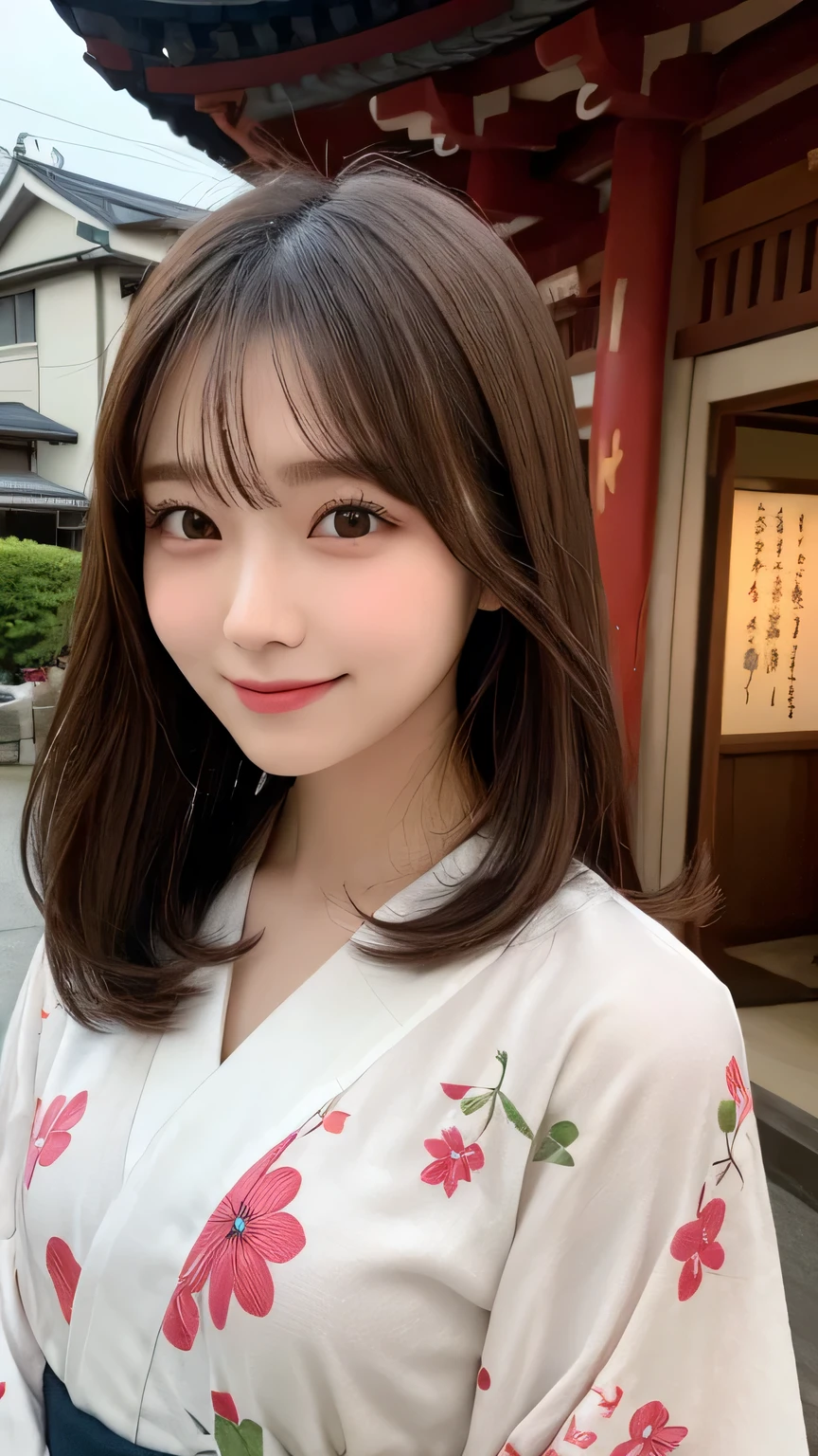 table top, highest quality, shape, Super detailed, finely, High resolution, 16k, perfect dynamic composition, straight hair, medium hair, brown hair,natural color lip, smile, 20歳のgirl、cute、beautiful、完璧でbeautiful顔, beautiful and detailed face, slim face and body, Elegant face, KPOP idol face、Japanese idol faces、small face、Big eyes, brown eyes, droopy eyes, 緻密でbeautiful目, girl, temple or shrine, temple or shrine, walk, yukata, front face、Upper body