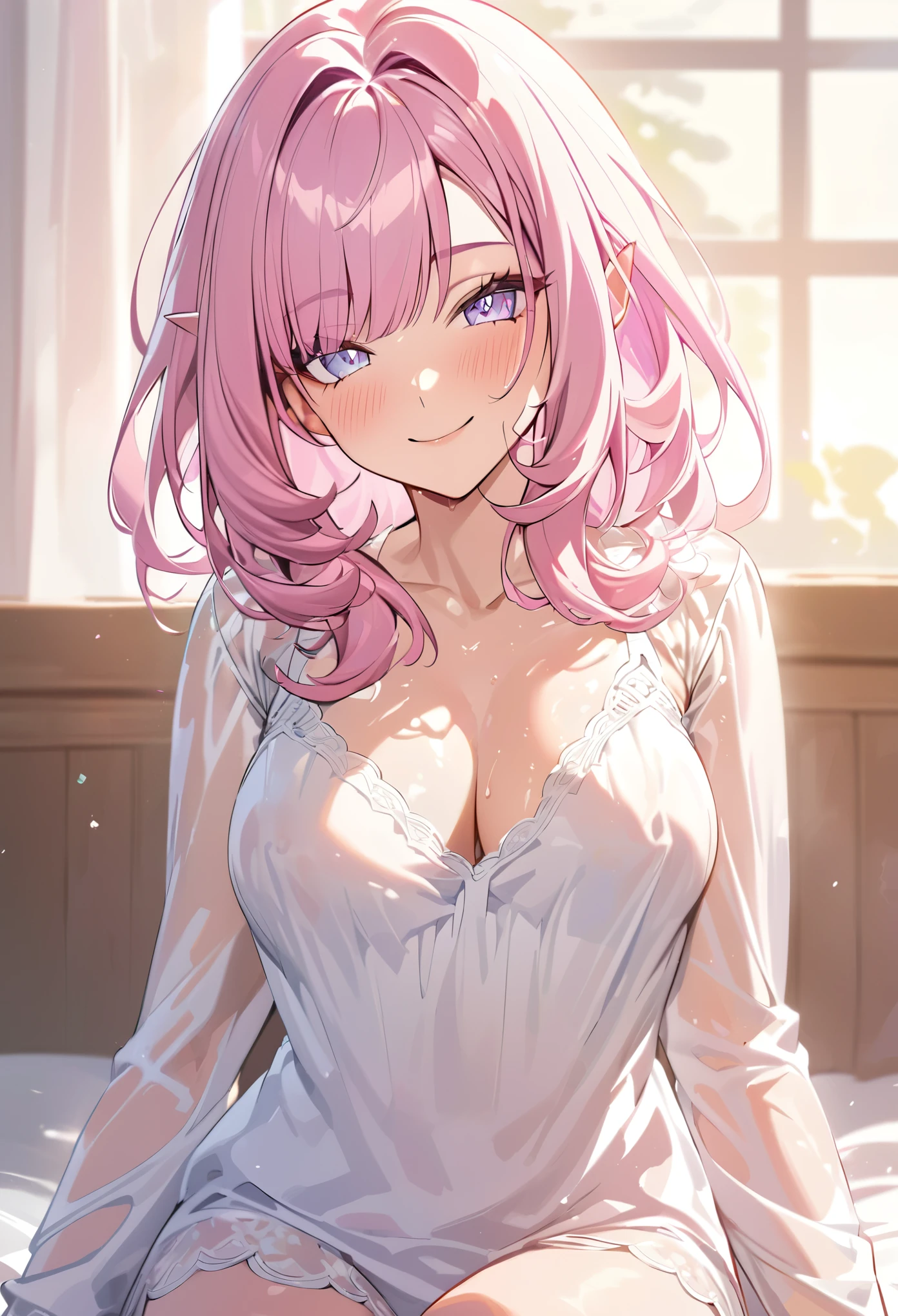 elysia, long pink hair, beautiful face,smiling,close up upper body, moderate breast, sitting on bed, wearing beautiful white sleepwear, (open mouth:0.4),illustration,detailed textures(realists),ultra-detailed,portrait style,vivid colors,soft lighting, blushing, mature, no bras, slightly wet