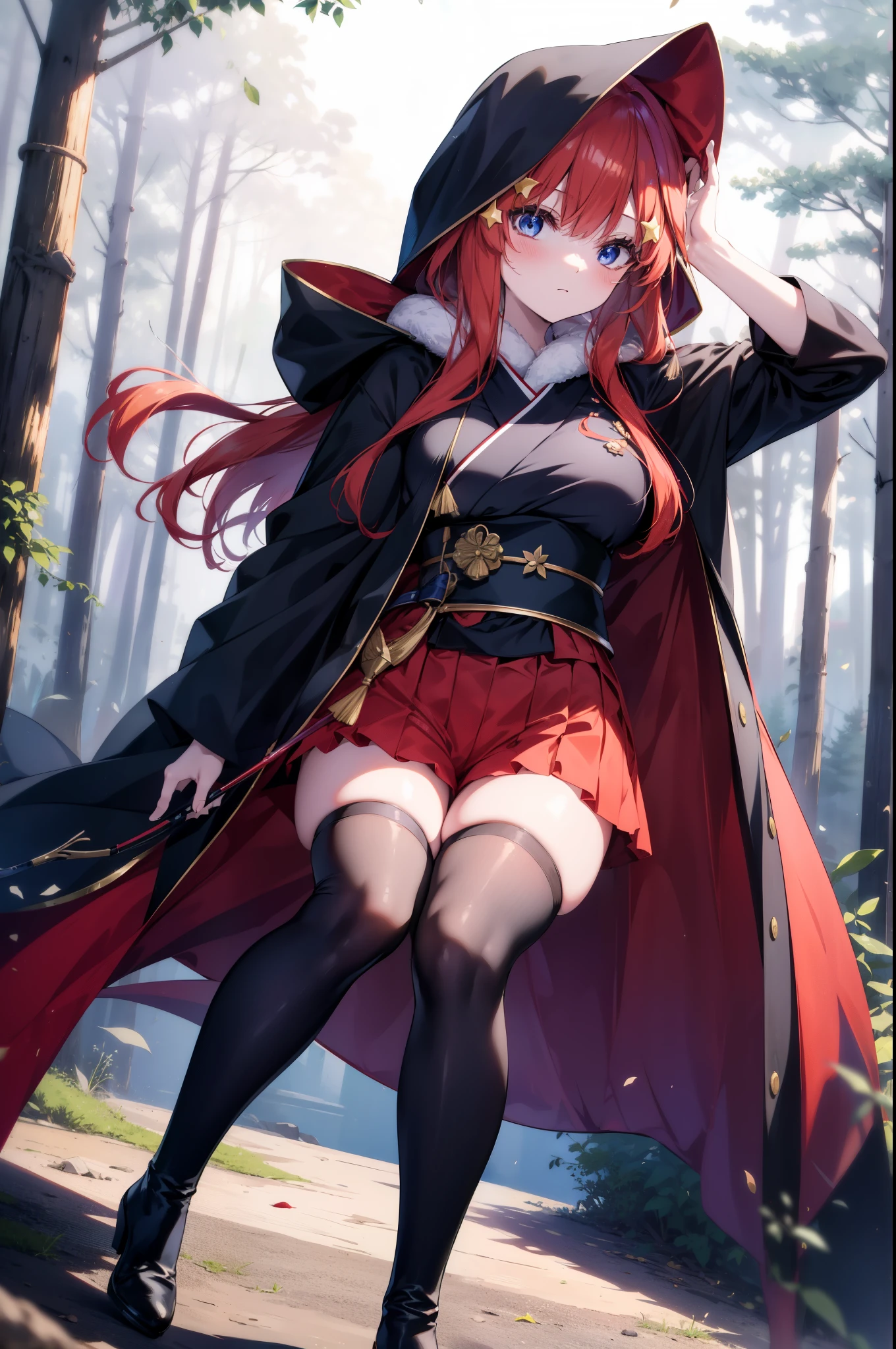 itsukinakano, Itsuki Nakano, bangs, blue eyes, hair between eyes, , redhead, star \(symbol\), hair ornaments, star hair ornaments,hood up,holding a bow and arrow in his hands, anime girl with bow and arrow, Gviz, wield a bow, asymmetrical clothes, boots, cloak,gloves, red Thighhighs, high heels, shorts, Thighhighs,
break outdoors, forest,forest林,
break (masterpiece:1.2), highest quality, High resolution, unity 8k wallpaper, (figure:0.8), (detailed and beautiful eyes:1.6), highly detailed face, perfect lighting, Very detailed CG, (perfect hands, perfect anatomy),