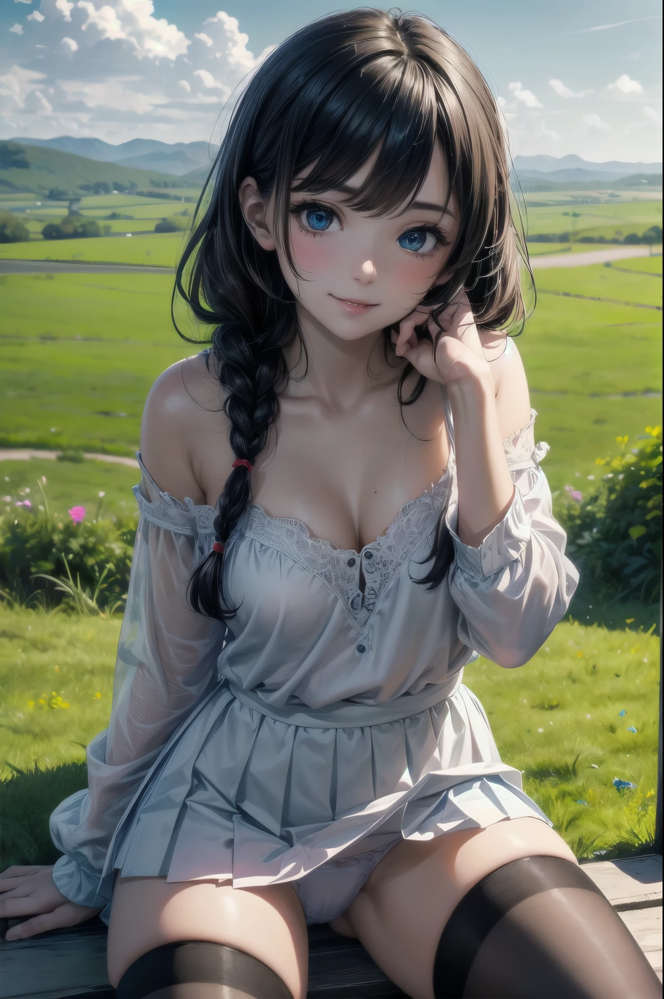 very cute and beautiful girl,(highly detailed beautiful face and eyes:1.2),(smile),happy,looking at viewer,
white camisole,(cowboy shot),sitting,spread legs,white panties,zettai ryouiki,(pleated blue mini skirt),
countryside,grassland,hilltop,tiny colorful flowers,distant windmills,dynamic angle,black hair,twin braid,
(best quality,masterpiece:1.2),intricate details,ultra-detailed,extremely detailed cg,highres,1 girl,
natural lighting,beautiful detailed sky,