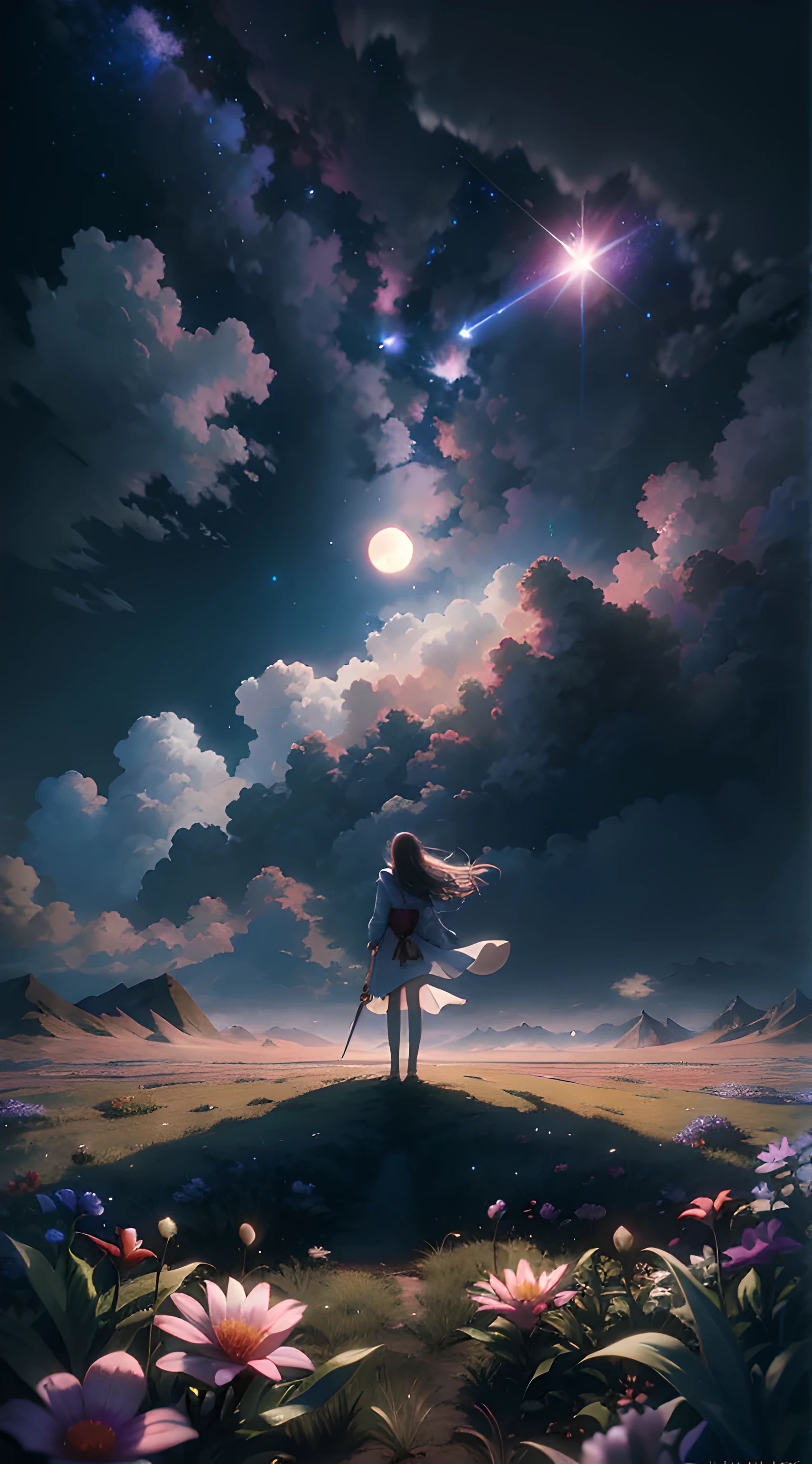Anime girl standing on the mountain looking at the stars, fantastic numbers, Inspired by Cyril Rolando, Makoto Shinkai Cyril Rolando, Larz van Baarle and Louis van Baarle, Animation Art Wallpaper 8k, Anime Art Wallpaper 4k, Anime Art Wallpaper 4k, wlop 和 RHADS, 4k highly detailed digital art, Inspired by RHADS