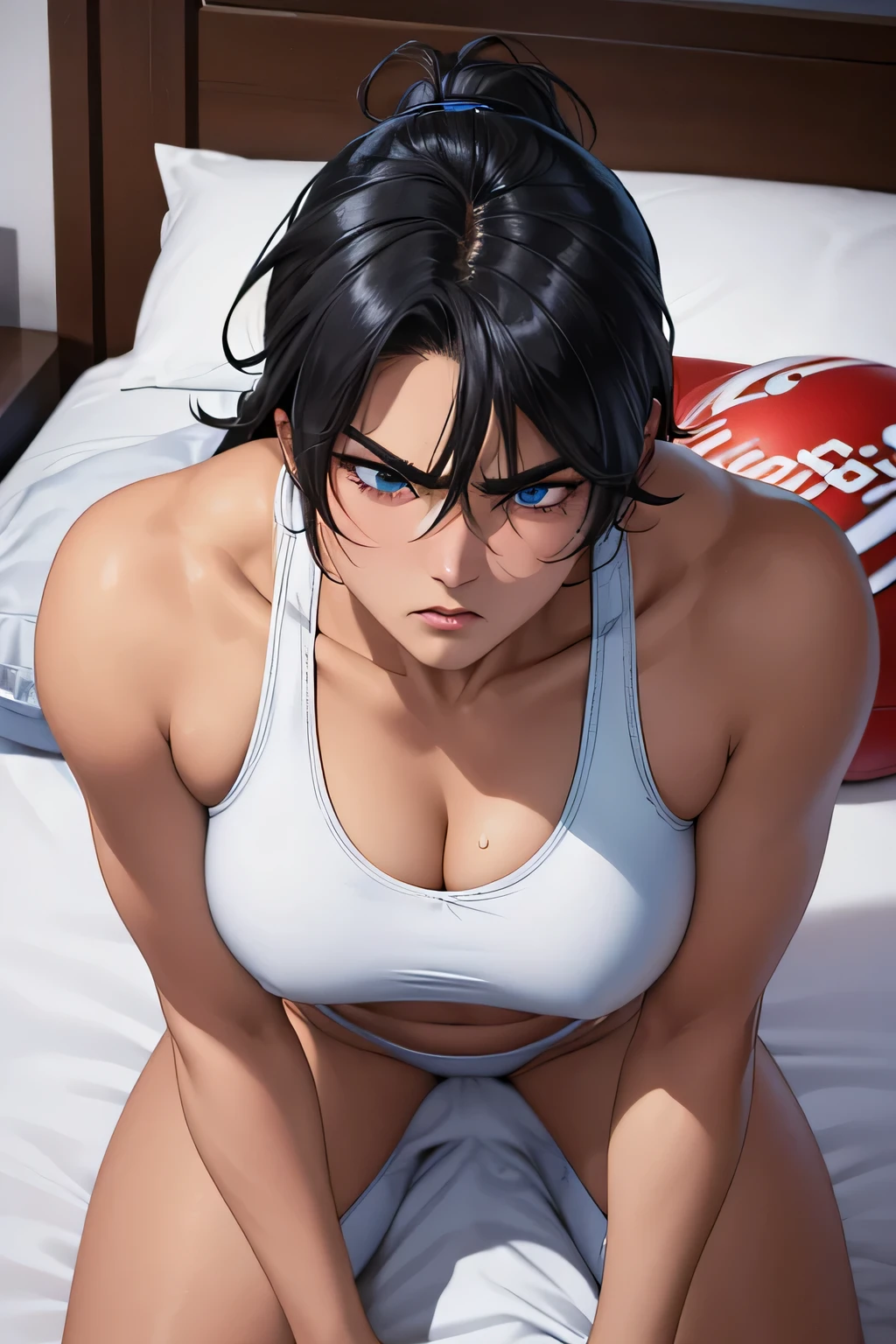 low angle shot,shoot down and up。Disdainful eyes and angry expressions (a female athlete,Wear a white sports bra,Lying in bed,fluid leaking from vagina)。