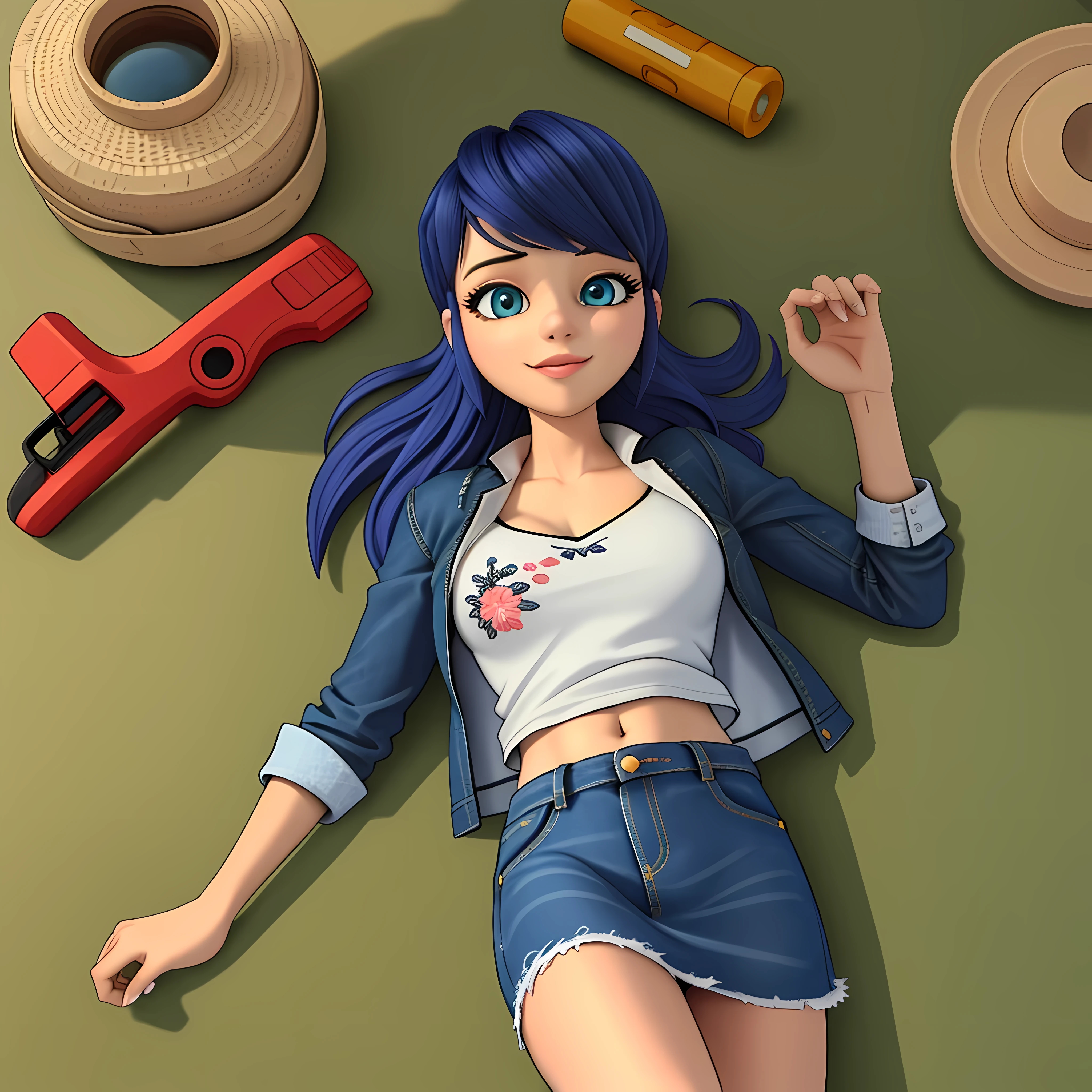 (8K, foto cruda, Mejor calidad, Obra maestra:1.2), (detalles intrincados), ojos perfectos, cara perfecta, perfect lighting, hermoso, (Obra maestra:1.2), (Mejor calidad:1.2), 1 chica, solo, marinette, pelo azul, ((pelo largo)), adult torso, , leve sonrisa, large size breasts, (falda de mezclilla, falda corta, camiseta roja del ombligo, chaqueta, Gafas de sol), tiro de vaquero, 3DMM, tirado en el suelo, mirando al espectador, sexy