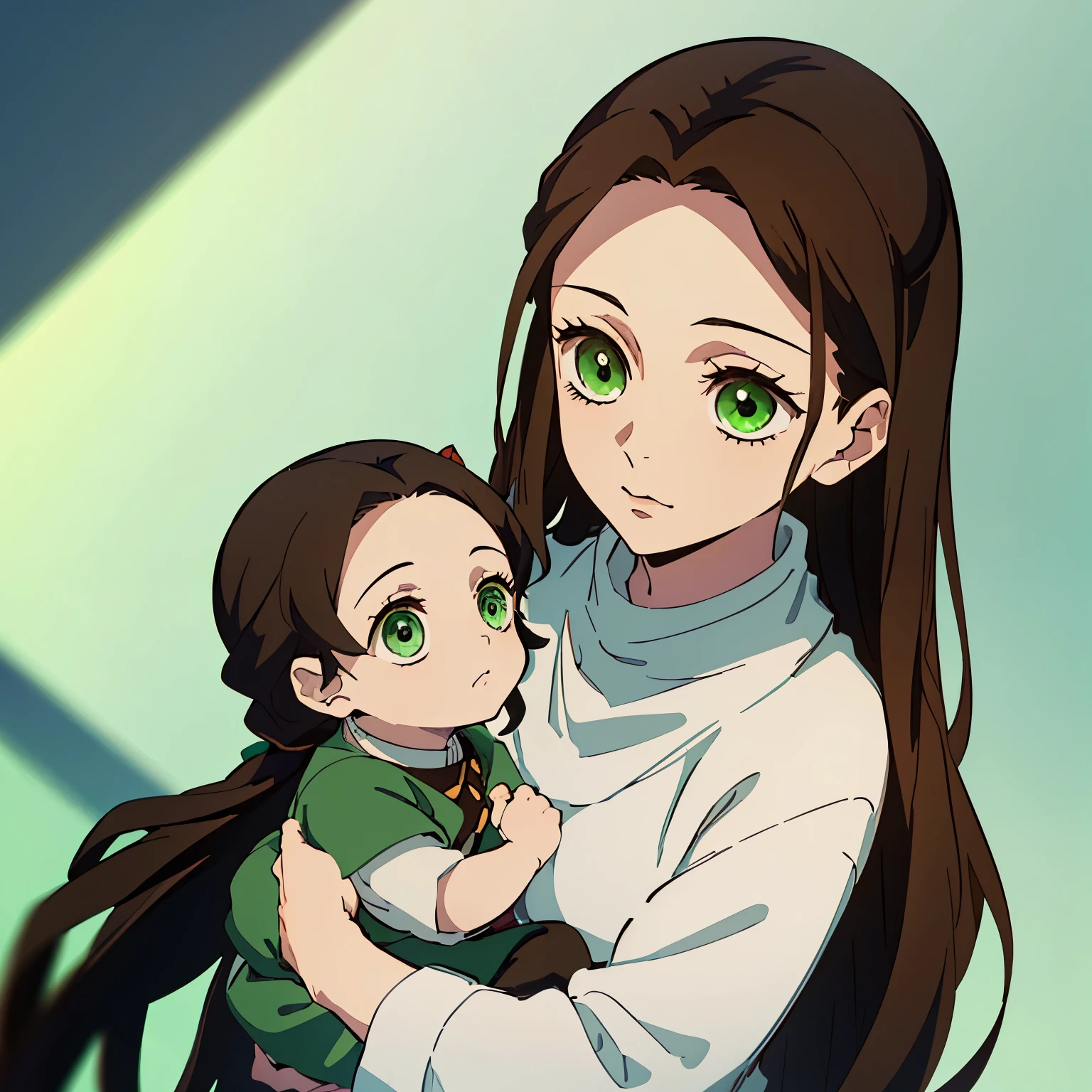 (Best quality:1.3), (a woman:1.1), (green eyes:1.2), (brown long straight hair:1.4), (a baby:1.1) In the style of Kimetsu no Yaiba, the girl with long brown hair and green eyes holds a five-month-old baby girl in her arms, who bears a striking resemblance to her. The baby is wrapped in a beige blanket, and the woman gazes at her with a look of pure love and affection. Despite the challenges they may face, the bond between them is evident, portrayed through the expressive artwork characteristic of the anime.
