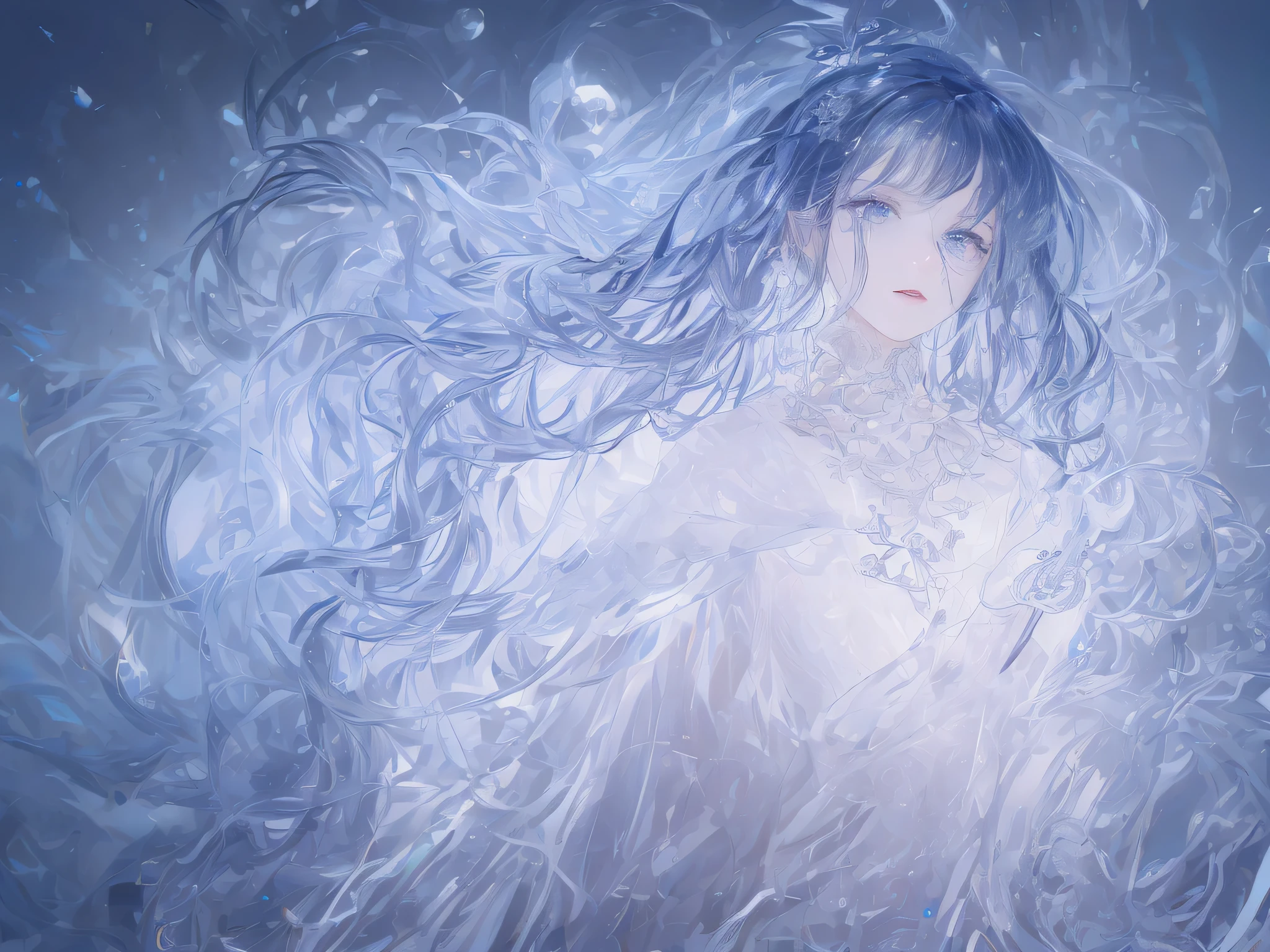 masterpiece,Highest resolution,((((diamond)))),Noble beauty dynamic avatar,Blue hair elegantly tied up,,jewelry,adiamondnecklace,(((wearing a huge cloak))),Purple clear eyes,(((Hair covered with beautiful and delicate flower arrangements, crystal jewelry filigree))),Super detailed details。