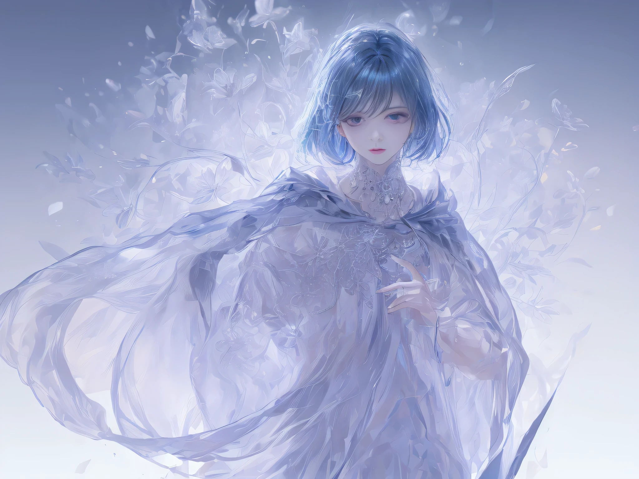 masterpiece,Highest resolution,((((diamond)))),Noble beauty dynamic avatar,Blue hair elegantly tied up,,jewelry,adiamondnecklace,(((wearing a huge cloak))),Purple clear eyes,(((Hair covered with beautiful and delicate flower arrangements, crystal jewelry filigree))),Super detailed details。