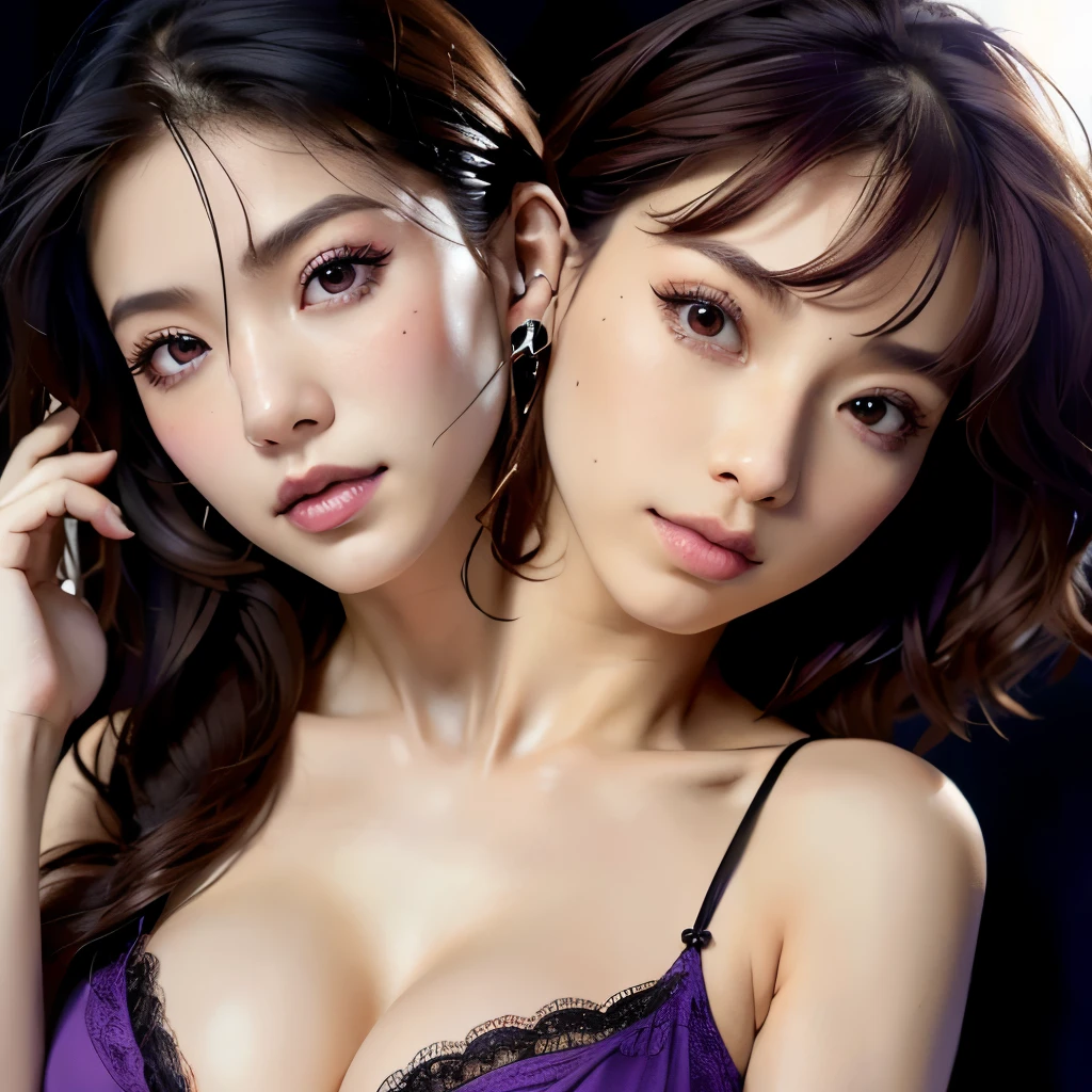 1 person, dark atmosphere, highly detailed skin,, cleavage,old japanese style ,8K quality, super sharp, Ultra realistic details, Red hair color、headphones.Bright colors, black rose in hair , cleavage,(debris flies, highest quality, ultra high resolution),1 girl,beautiful and detailed face, fine eyes,((purple theme)),perfect eyes、no background,white background,,Isshiki、model,headphones, conjoined_dicephalus, (two heads:1.2)