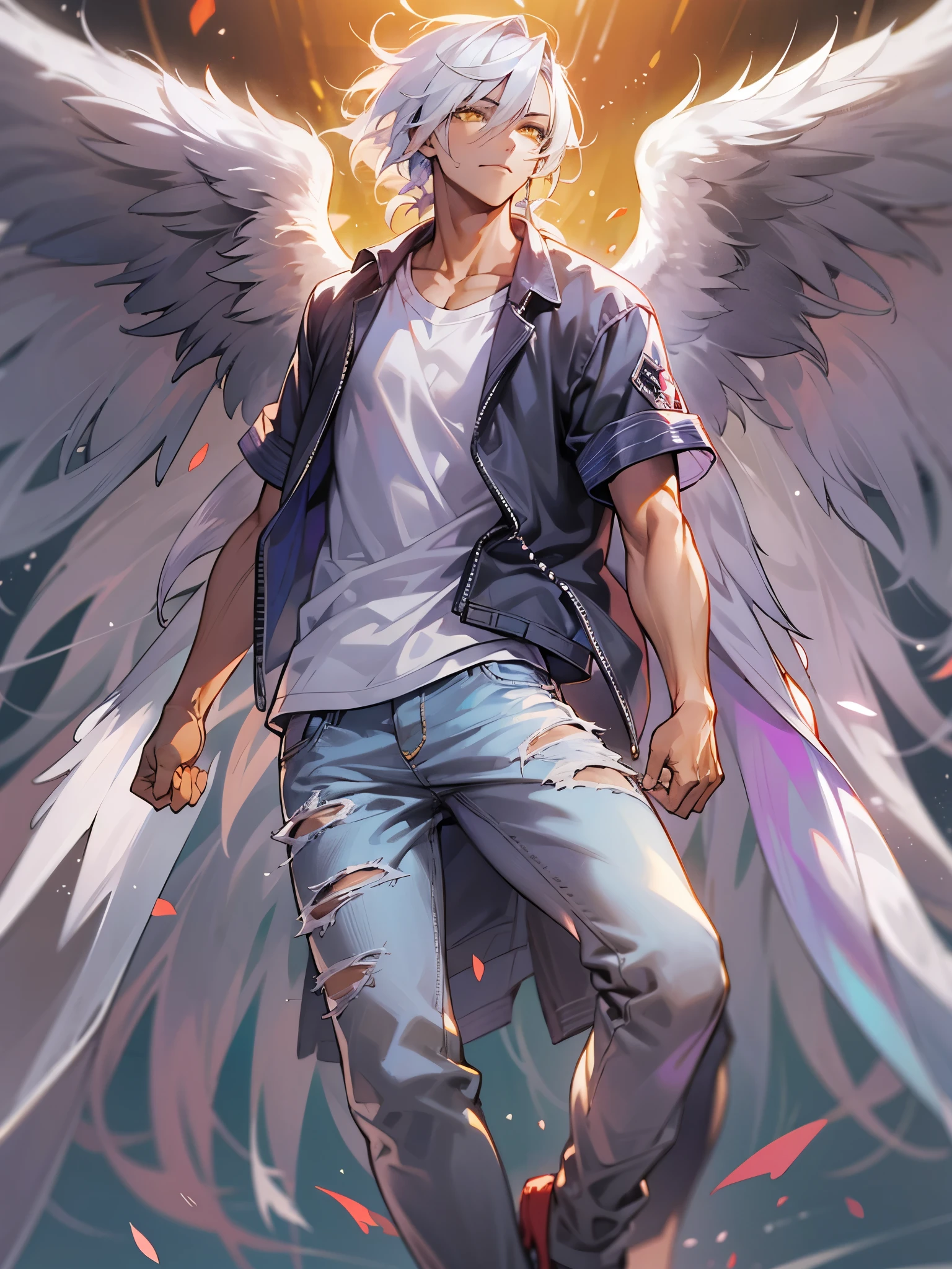 1male, Adult, Yellow Eyes, White Hair, Purple Highlighted Hair, Long Flowing Hair, Jeans, T-Shirt, Masculine, Beautiful Lighting, Radiant, Angel Wings, Flying