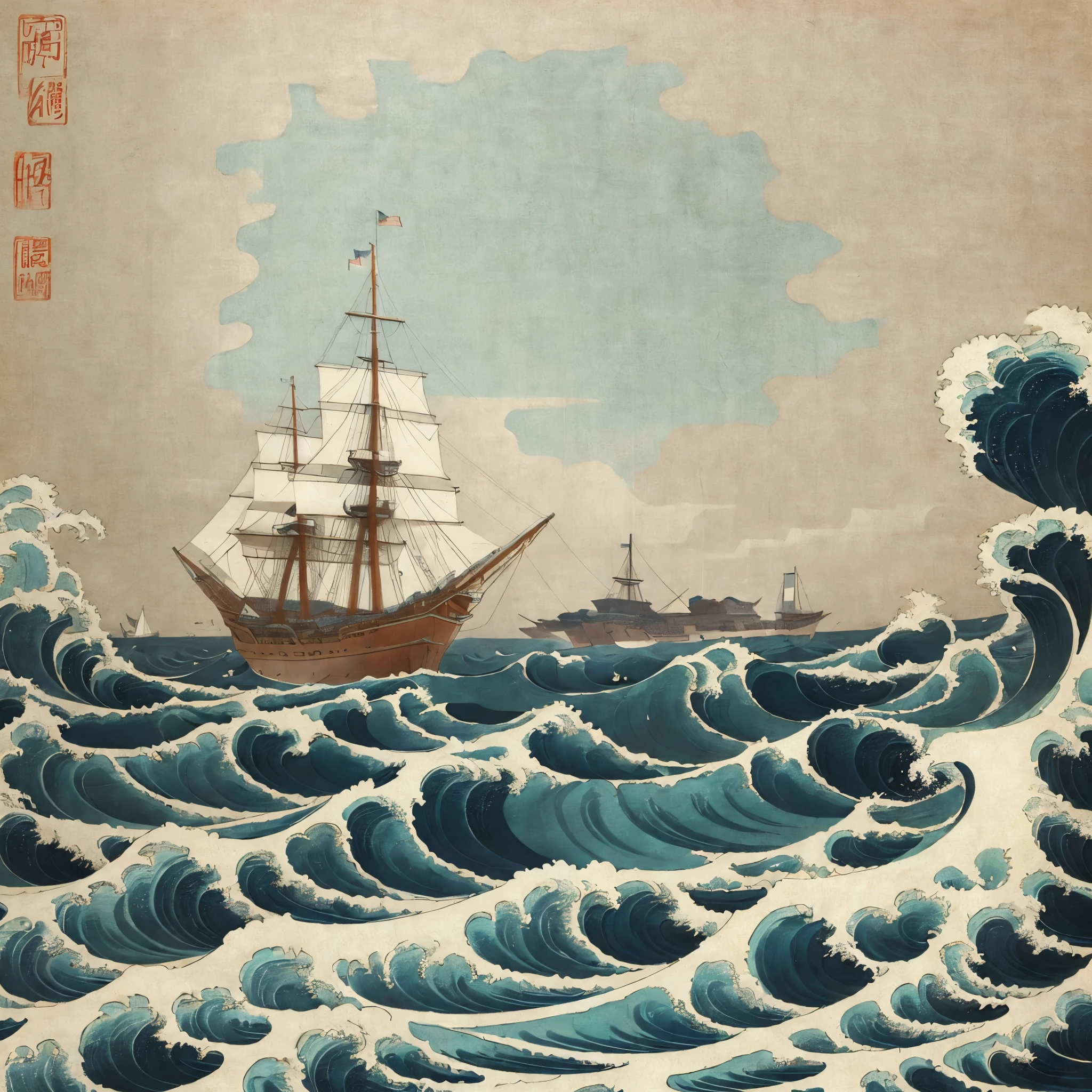 A large ancient cargo ship in China，Close-up view，Set sail through the waves，In the visual style of Chinese painting，Light cyan and gold，white backdrop，Heads-up perspective，Waves with traditional patterns，Organic shapes and curves， --v6