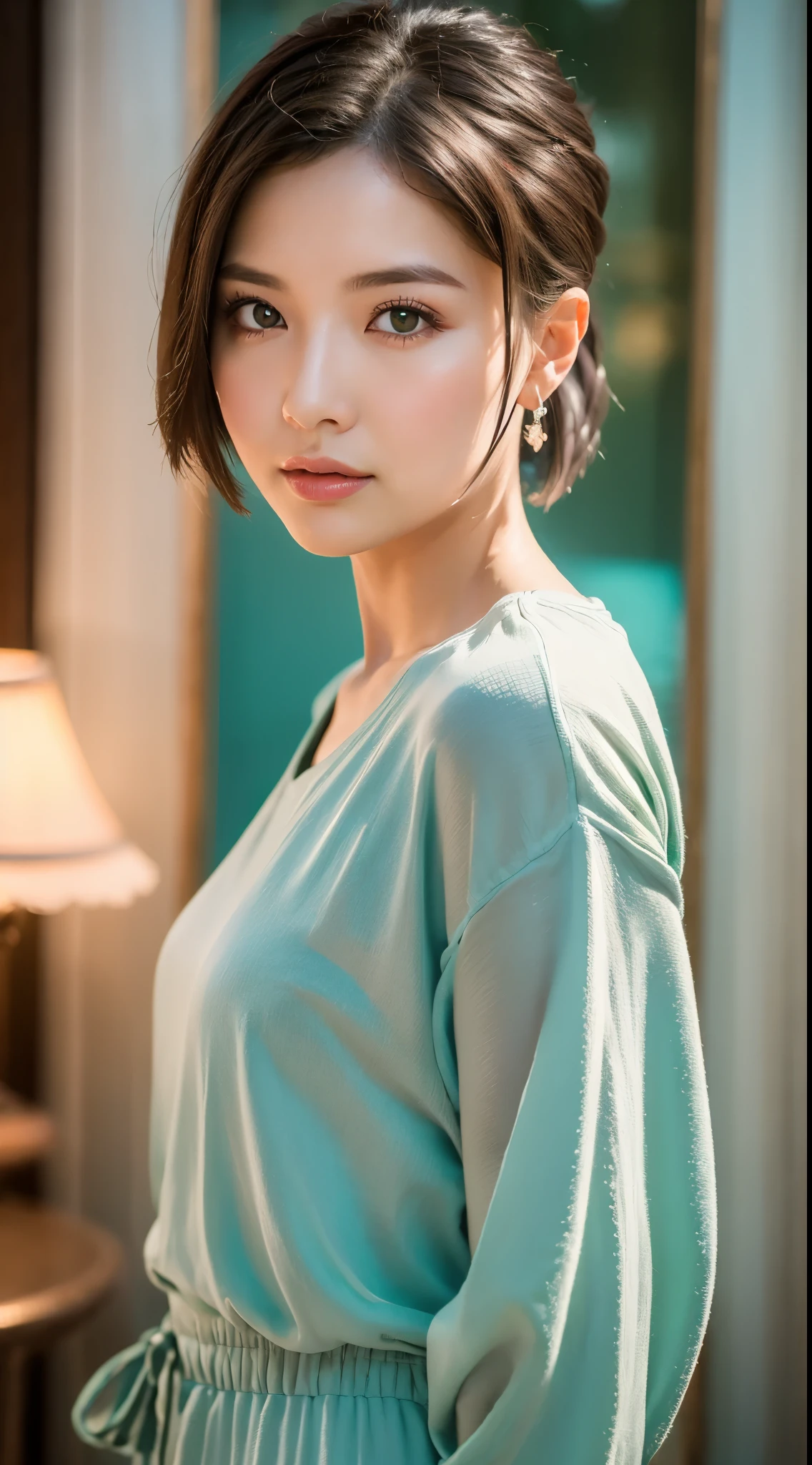 Portrait of a cute girl, 5-, gray hair, short hairstyle,ponytail, big dark green eyes, plump, arched lips, Light jumpsuit, realism, watercolor, 4k, high detail,noise, additional, real picture, .PSD, Lamp film photography, sharp focus, contrast lighting, delicate skin, high resolution 8k, Crazy details, lifelike, Professional photography, 8K Ultra HD, SLR camera, soft light lighting, high quality, film grain, Fuji XT3,masterpiece,surreal,Super fine