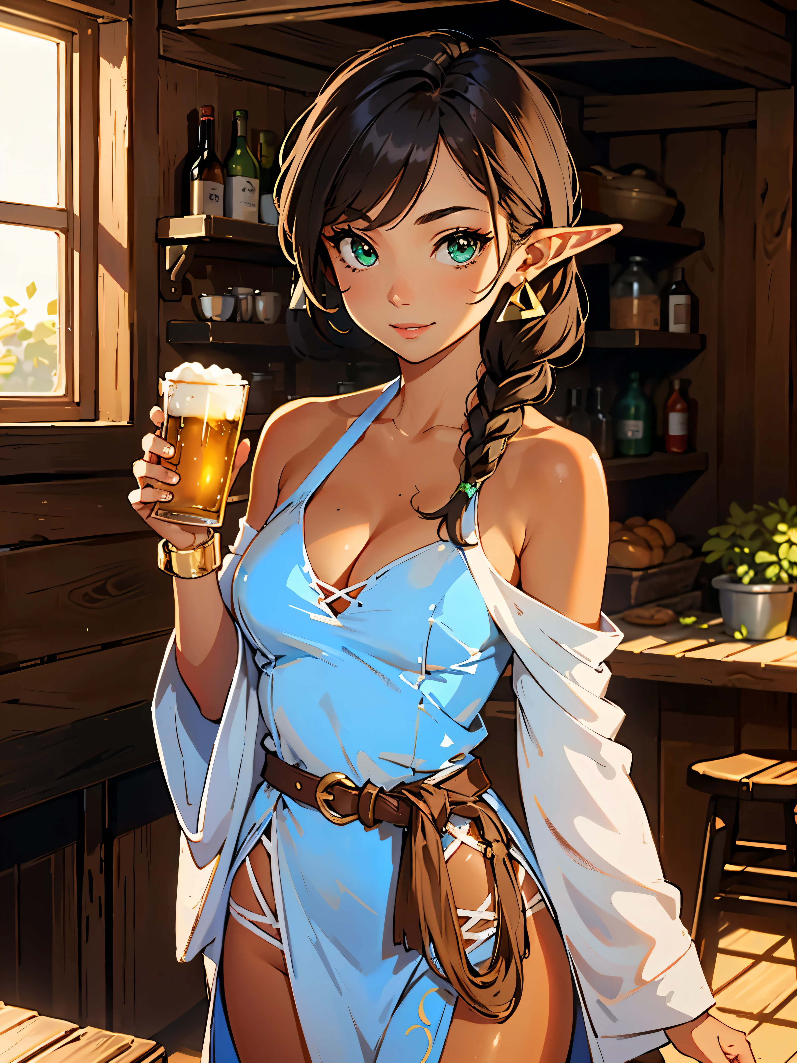 masterpiece, high quality, illustration, extremely detailed, cg unity 8k, ((summer: 1.4)), 1_woman, (upper body) (exotic tan skin_complexion:1.4), mature, statuesque, tall beautiful, exotic, with long elf ears, smiling, looking away from viewer, holding glass of beer, medium breast, golden jewelry, golden bracelet, triangle earrings,, (wearing white and blue diaphanous robes), ((blue dress)), silk dress, low cut dress, nsfw, cleavage, ornate whip_on_belt, ((thigh gap)), bare_shoulders, (brown hair), (((long braided hair))), braided ponytail, detailed face having ((green eyes), dark_eyeliner, long_eyelashes), natural dynamic lighting casts detailed shadows, inside rustic tavern,