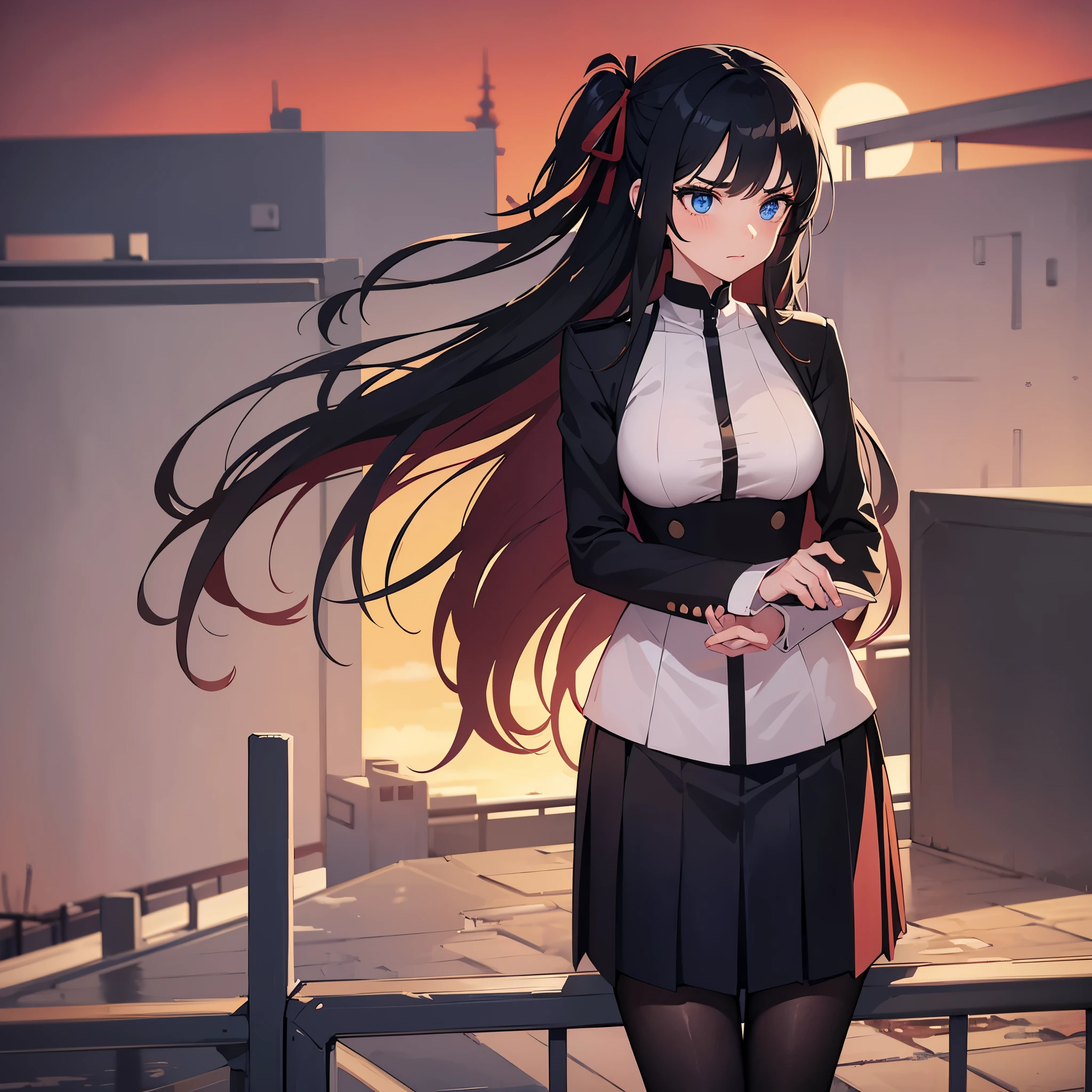 Candid Shot At Girl Picture, Volumetric Lighting, Best Shadows, Shallow Depth of Field, Portrait Of Stunningly Beautiful Girl, Delicate Beautiful Attractive Face With Alluring Sharp Blue Eyes, Sharp Eyebrows, Enjoying The Scenery, Closed Mouth, Lovely Large Breasts, two side up, Layered Long Black Hair, Windswept Hair, Hair Ribbon, Blush Eyeshadow, Thick Eyelashes, Cross On The Red Turtleneck Shirt, Long Sleeve, Slim Waist, Black Short Pleated Skirt, Thigh Gap, Black Thigh-High Stockings, Red Sky At Night, Clouds, School Rooftop, Under Red Moon, Rooftop Guardrails, Villagescape, Facing Away, Side View of Leaning On Railing, Shoulder Blades, (Highest Quality, Amazing Details:1.25), (Solo:1.3), Brilliant Colorful Paintings