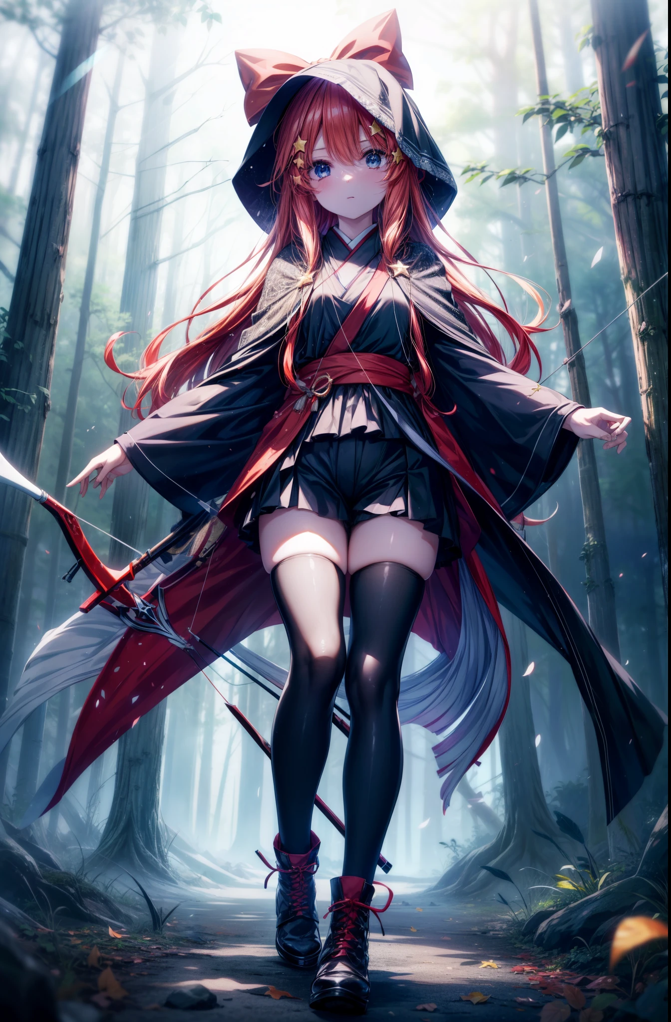 itsukinakano, Itsuki Nakano, bangs, blue eyes, hair between eyes, , redhead, star \(symbol\), hair ornaments, star hair ornaments,hood up,holding a bow and arrow in his hands, anime girl with bow and arrow, Gviz, wield a bow, asymmetrical clothes, boots, cloak,gloves, red Thighhighs, high heels, shorts, Thighhighs,
break outdoors, forest,forest林,
break (masterpiece:1.2), highest quality, High resolution, unity 8k wallpaper, (figure:0.8), (detailed and beautiful eyes:1.6), highly detailed face, perfect lighting, Very detailed CG, (perfect hands, perfect anatomy),