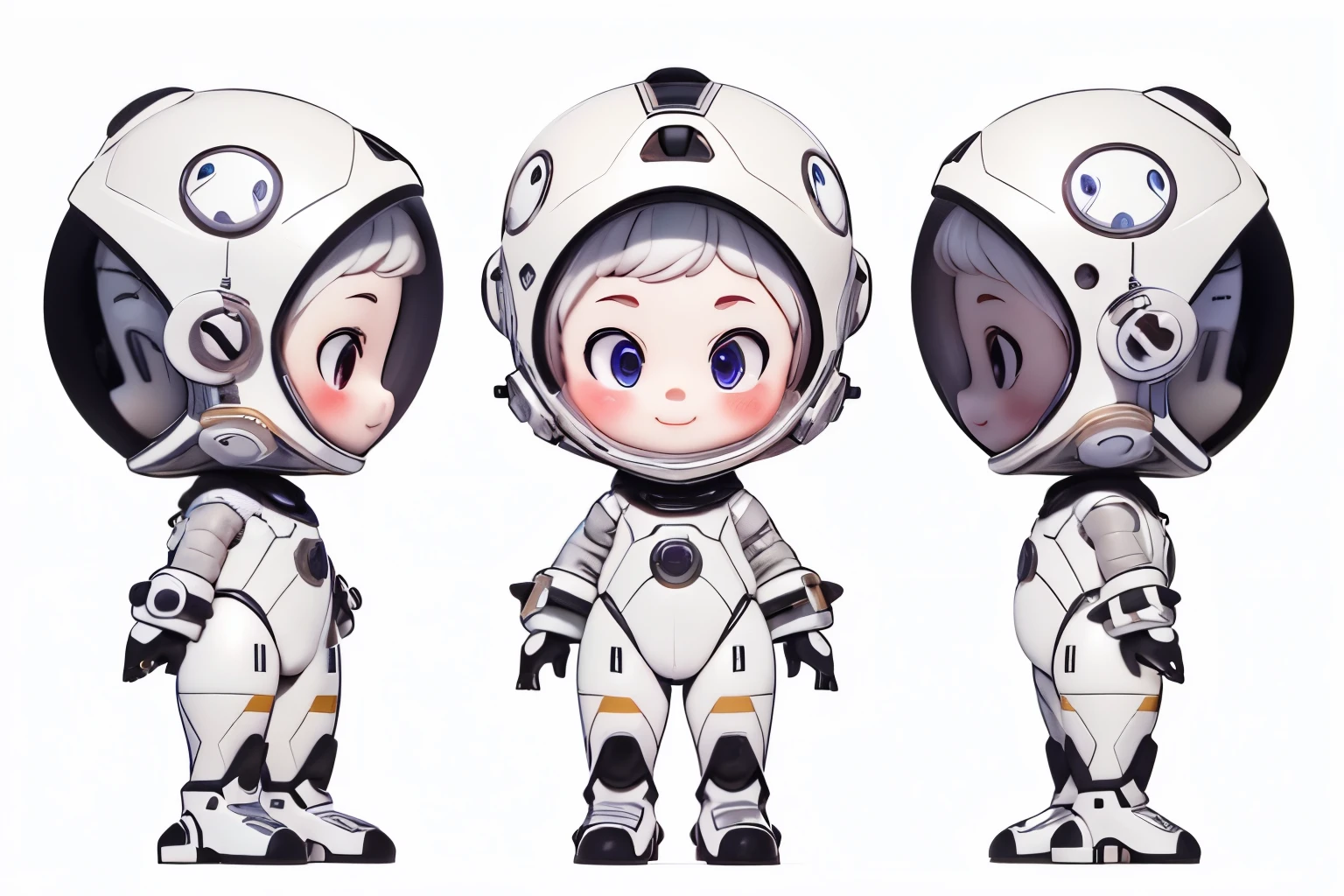(masterpiece), (extreme), (super detailed),(Body:1.9),A man wearing a futuristic space armor、wearing helmet、Keep your eyes wide open、Three views of cute cartoon character smiling，Including chibi style、[Full body front and side views]Beautiful and detailed face, (Beautiful and delicate eyes),HD，Epic details，3D,Unreal Engine。
