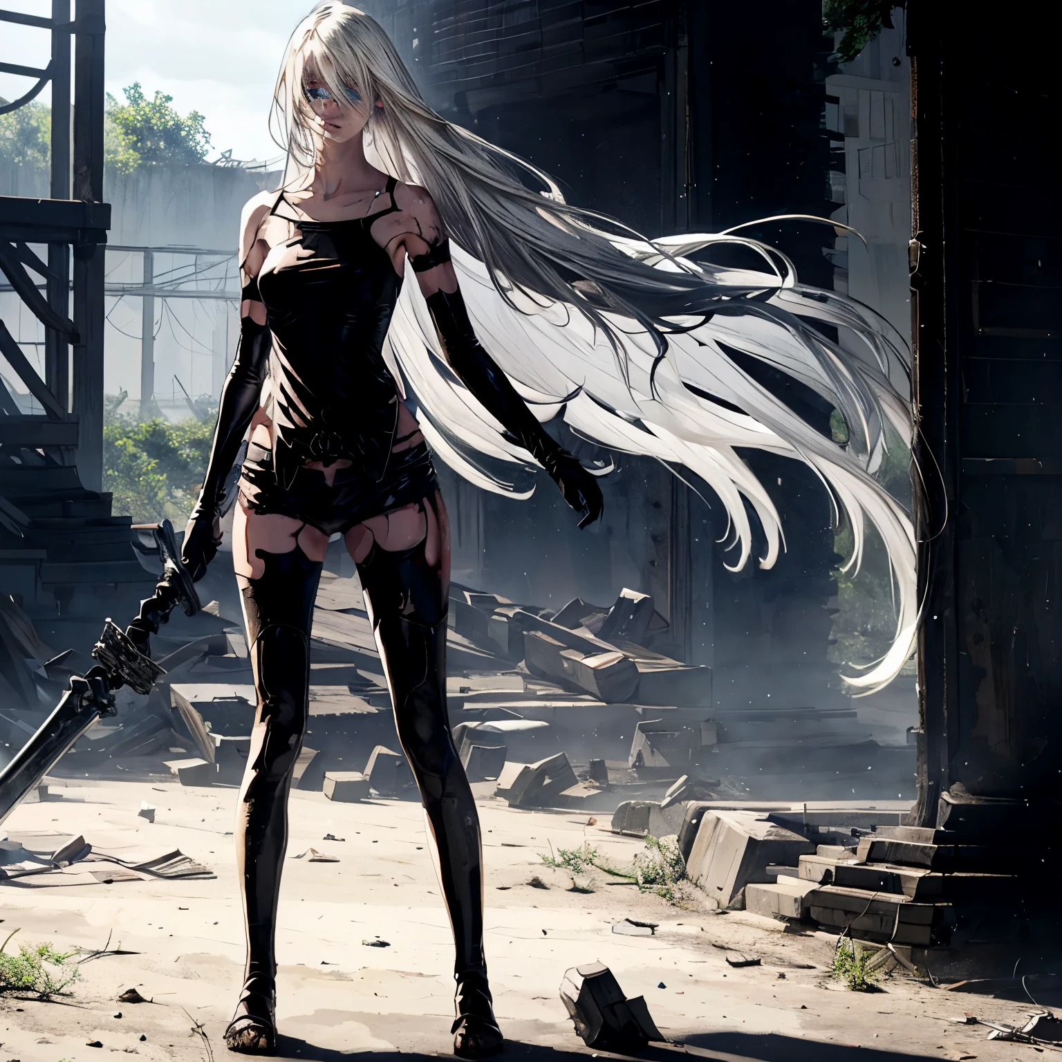 Beautiful girl. YoRHa A2. Long white hair. Blue eyes. Wearing a black top and shorts. His clothes are worn and abused. She is dirty. She is sad. She has a sword