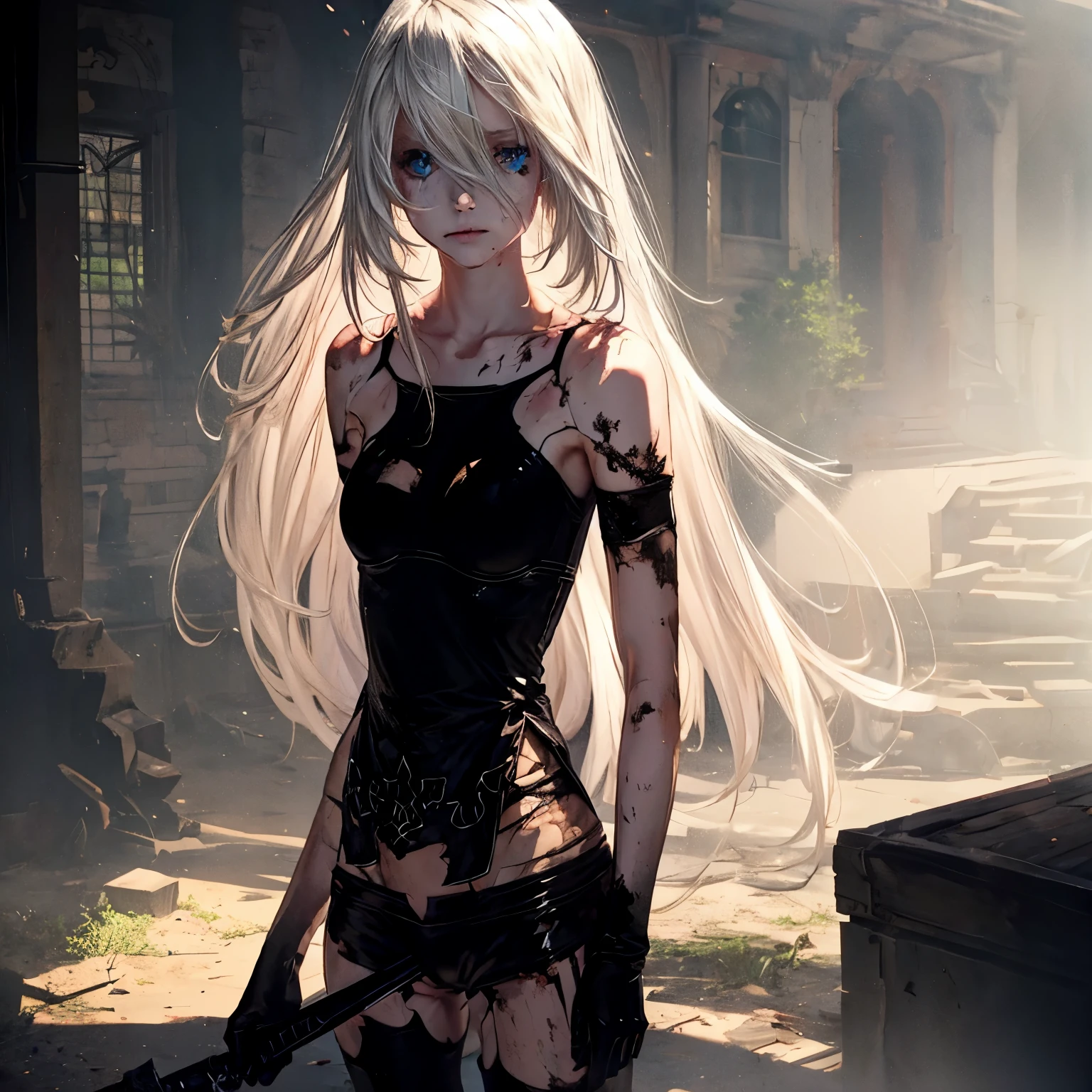 Beautiful girl. YoRHa A2. Long white hair. Blue eyes. Wearing a black top and shorts. His clothes are worn and abused. She is dirty. She is sad. She has a sword