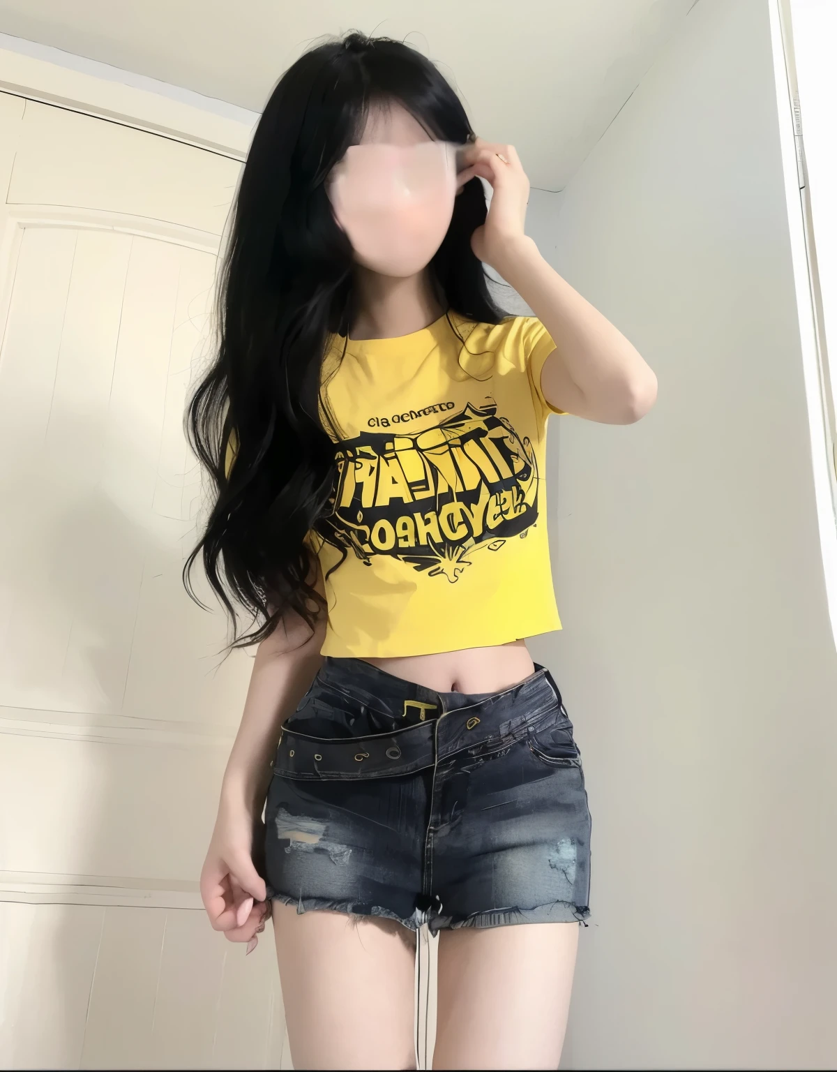 arafed woman with long black hair wearing a yellow shirt and denim shorts, ripped cropped T-shirt, wearing yellow croptop, Wearing a honey themed mini skirt, ( ( ( wearing jeans ) ) ), thin waist, Casual clothing, clothing photos, yellow and black, Wearing a crop top, waist shot, wearing a modern yellow tshirt, (((yellow)))