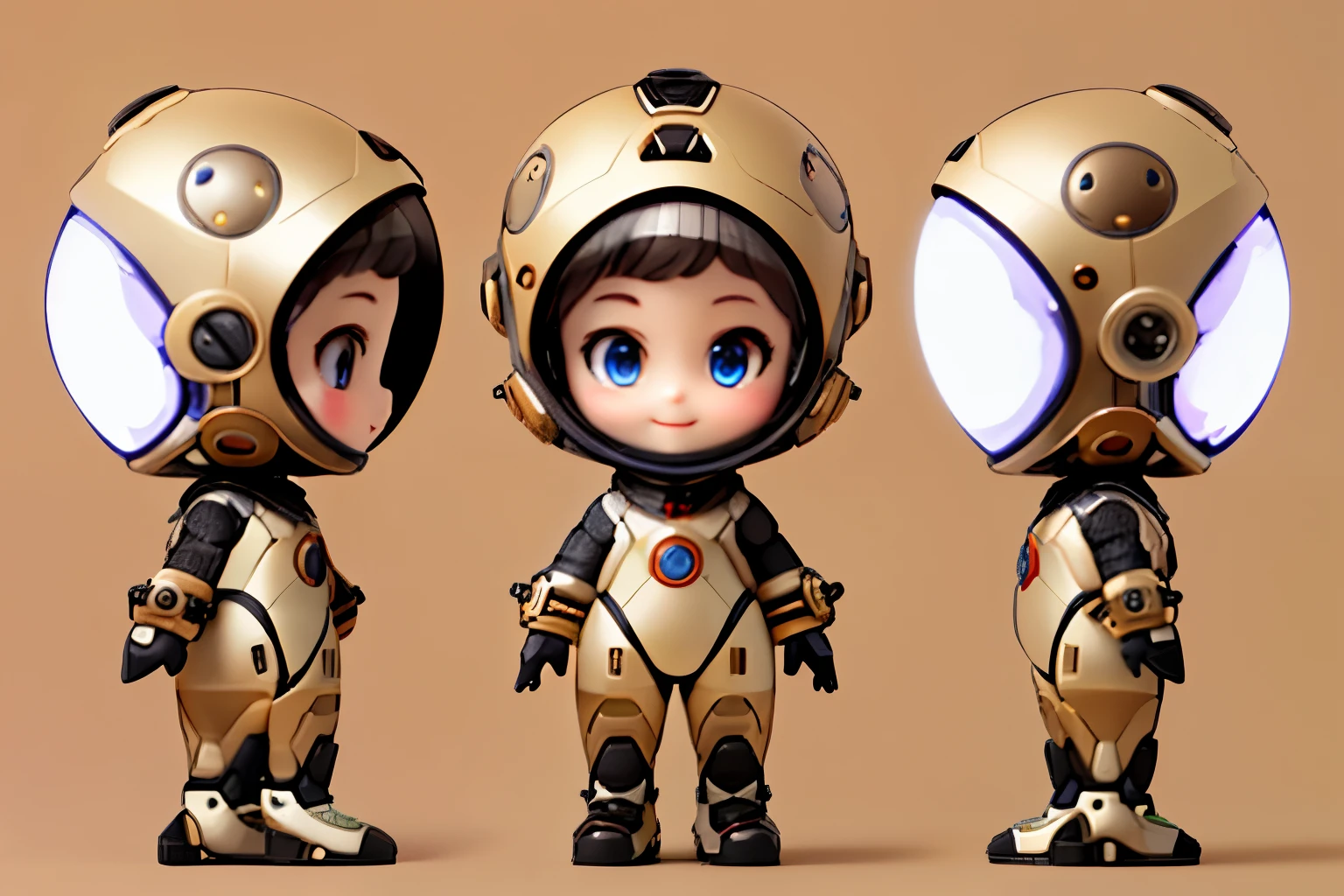 (masterpiece), (extreme), (super detailed),(Body:1.9),A man wearing a futuristic space armor、wearing helmet、Keep your eyes wide open、Three views of cute cartoon character smiling，Including chibi style、[Full body front and side views]Beautiful and detailed face, (Beautiful and delicate eyes),HD，Epic details，3D,Unreal Engine。