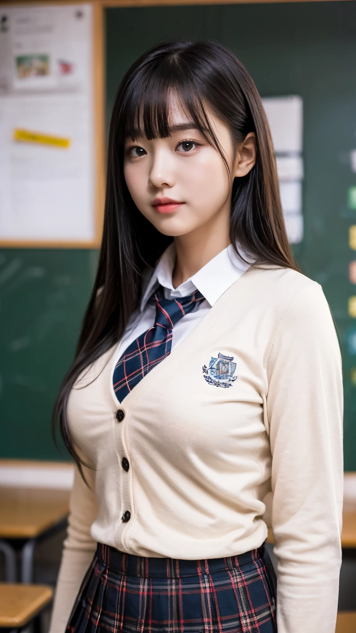 alone、high school girl、natural body shape、white skin、natural makeup、black hair、bangs、straight long hair、、(high school uniform、long sleeve cardigan、white blouse、plaid pleated skirt)、、big breasts、((The upper body is wearing a uniform))、school classroom、looking at the camera、chest is exposed