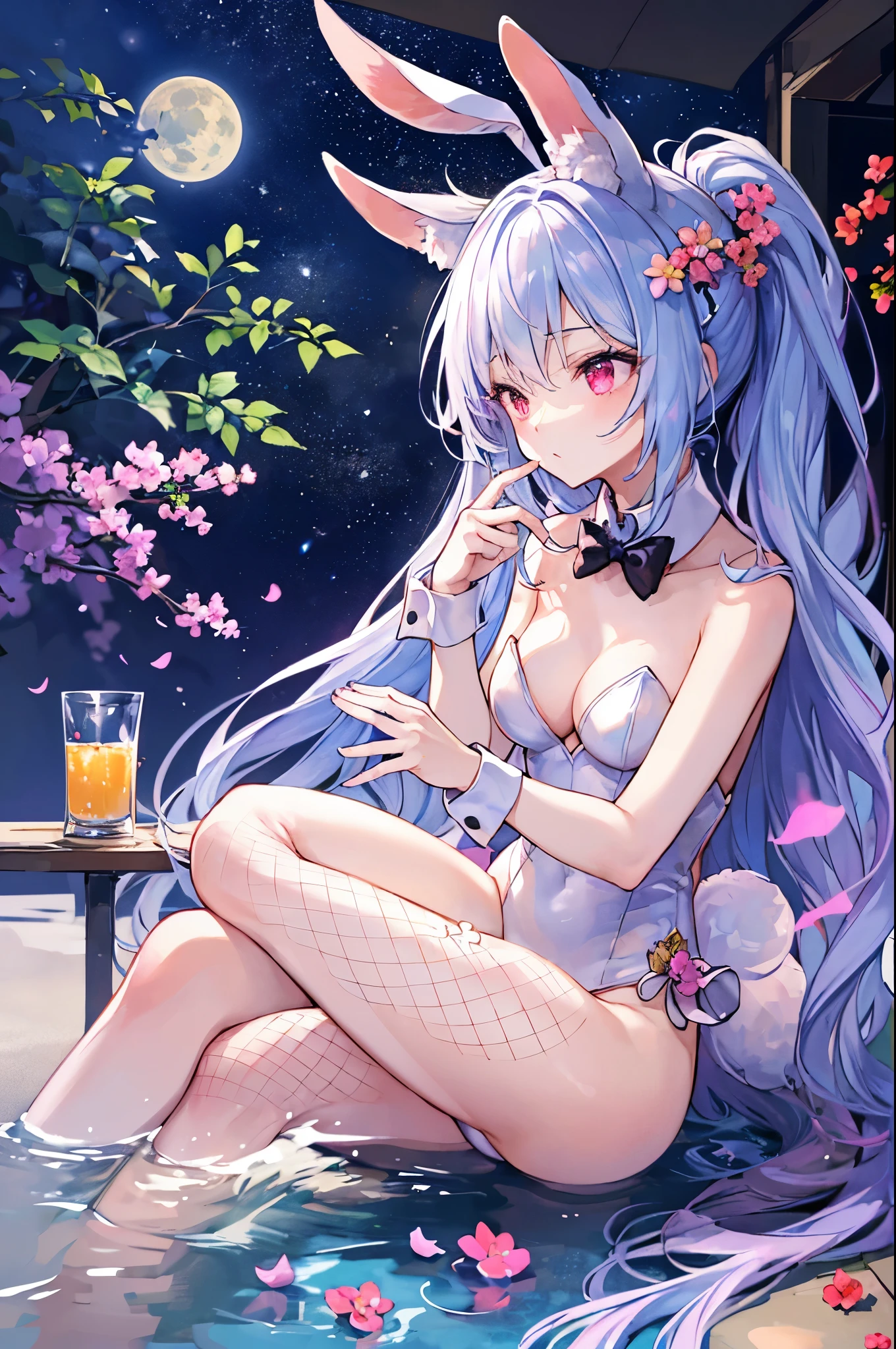 (Official art、Best Quality、Unity 8k Wallpapers、32K、masterpiece、ultra-detailliert、超A high resolution、realisitic、Photorealsitic:1.2)、(Cinematic lighting:1.2)、Fireglow effect、film grains、Best Shadows、Rim lighting、side lights、(Ultra-detailed and complex 3D rendering)、Detailed beautiful face and eyes、(Full body:1.2)、(sideshot、Looking up at the moon、Looking away:1.2)、(Mystical、moonlights)、Highly detailed background、beauitful face、blurry backround、a beauty girl、(super detailed skin、detailed skin textures:1.3)、Japan garden、cowboy shot、Sit on the porch、One full moon in the sky、Moon、dumpling、shinny skin、20-year-old beauty、(gradation hair)、Twin-tailed、Red Eyes、beauitful face、blurry backround、Playboy Bunny Girl、White High Cut Leotard、a bow tie、White cuffs、Wearing fishnet stockings、rabbitears、(The rabbit's tail extends from the lump)、Drinking alcohol、