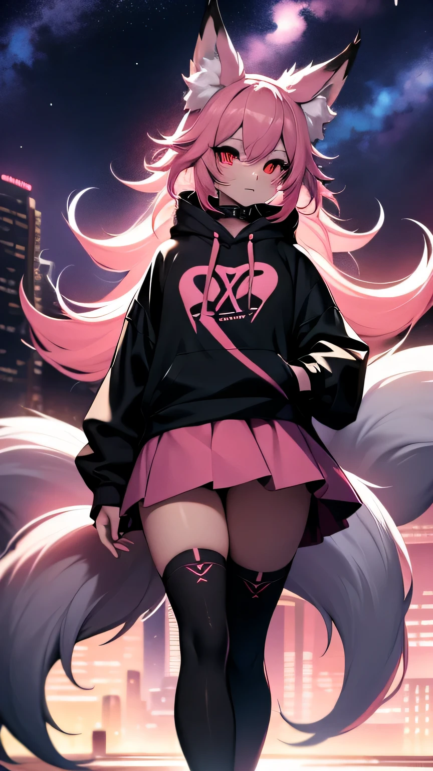 solo female with long flowing bright pink hair, has fox ears, has fox tail, has nine tails, wearing skirt and a cropped black hoodie, wearing thigh high socks, solo, alone, no foxes, showing belly, has glowing pink eyes, beautiful night sky, sneakers, black collar, mature, adult