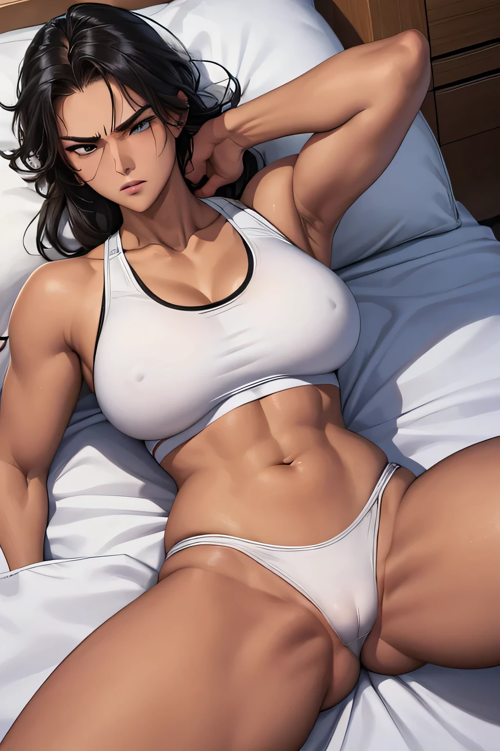 Disdainful eyes and angry expressions (a female athlete，Wear a white sports bra，Lying in bed，Liquid leaks from crotch）。