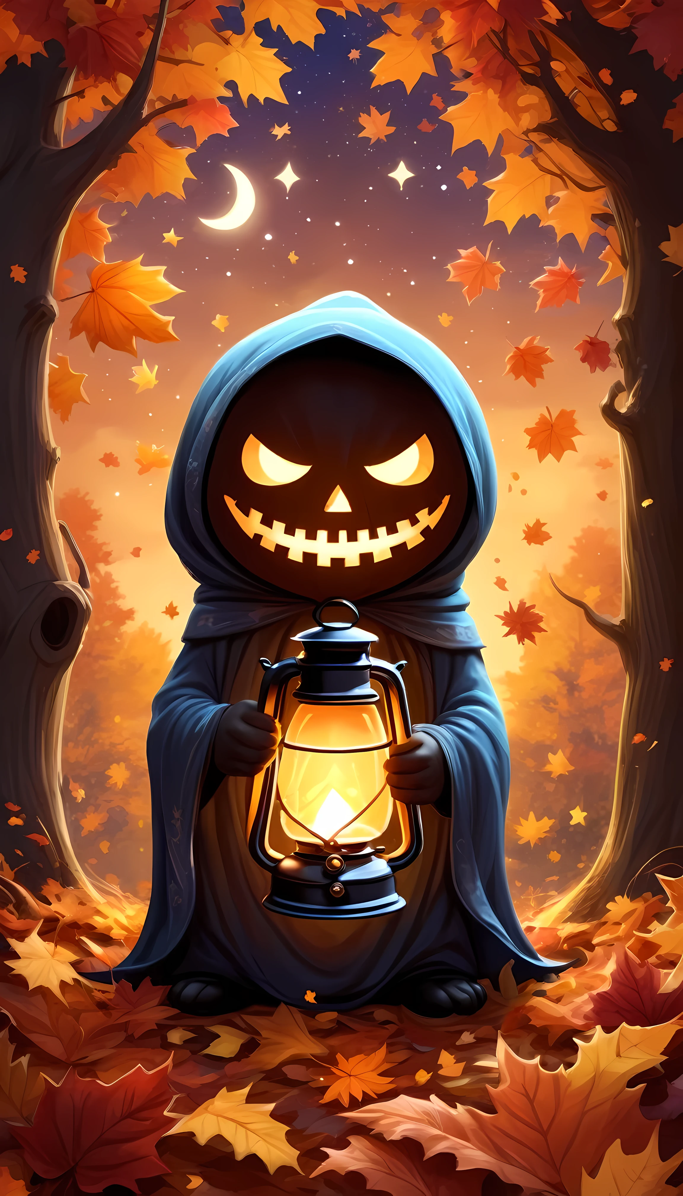 CuteCartoonAF, Cute Cartoon, masterpiece in maximum 16K resolution, superb quality, (a big sticker) on the modern fridge, designed as a cheerful ghost character holding a glowing lantern, floating amidst (colorful) autumn leaves, a friendly smile and playful expression, with the lantern emitting a warm inviting light, surrounded with twinkling stars and a crescent moon in the night magical sky, intricate gothic symbolore_Detail))